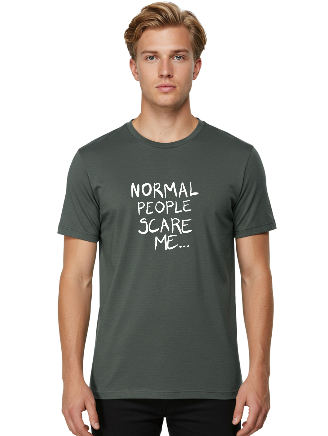Normal-People-Scare-Me Men'S Graphic Tee, 100% Cotton, Comfortable Casual Summer Wear, Machine Washable, Normal People Scare Me, Inspirational Quotes, Funny Sayings, Quirky Humor, Handwritten Text, Bold Statements, Sarcastic Expression -  Aaa102