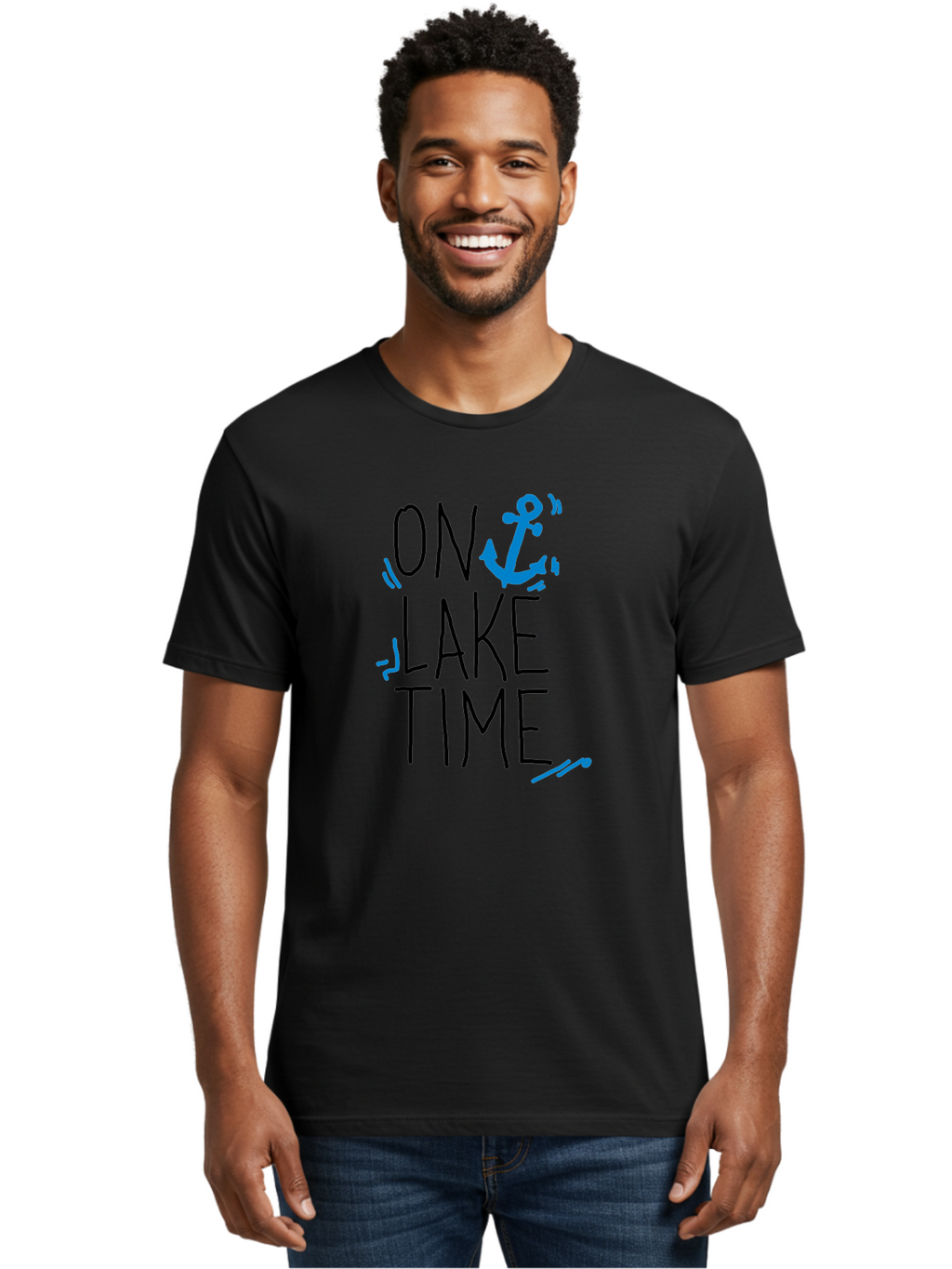 On-Lake-Time Men'S Graphic Tee, 100% Cotton, Comfortable Casual Summer Wear, Machine Washable, Lake Life, Anchor Symbol, Lake Time, Water Activities, Boating, Sailing, Relaxation, Leisure Time, Summer Fun, Nautical Theme -  Aaa105