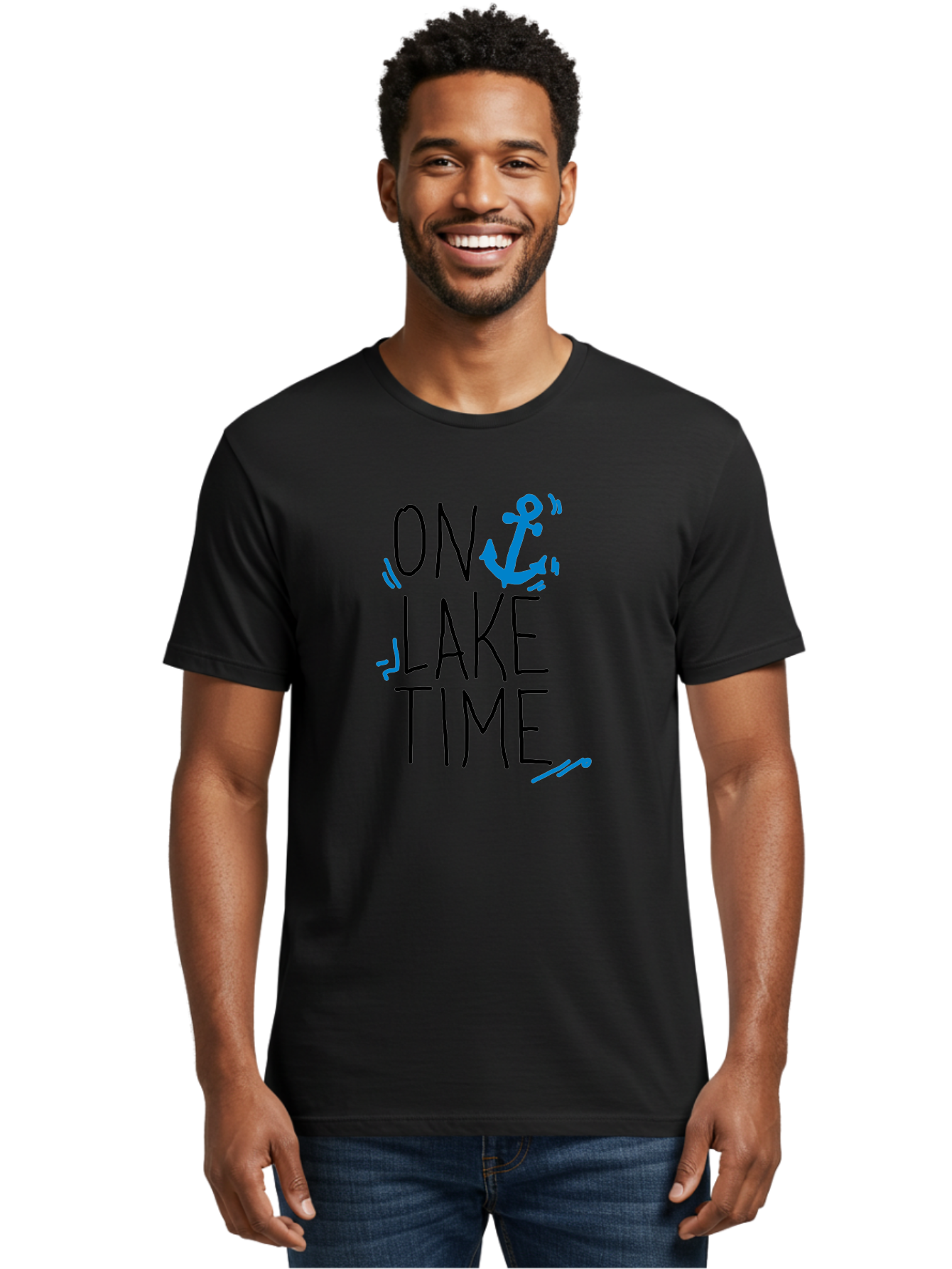 On-Lake-Time Men'S Graphic Tee, 100% Cotton, Comfortable Casual Summer Wear, Machine Washable, Lake Life, Anchor Symbol, Lake Time, Water Activities, Boating, Sailing, Relaxation, Leisure Time, Summer Fun, Nautical Theme -  Aaa105