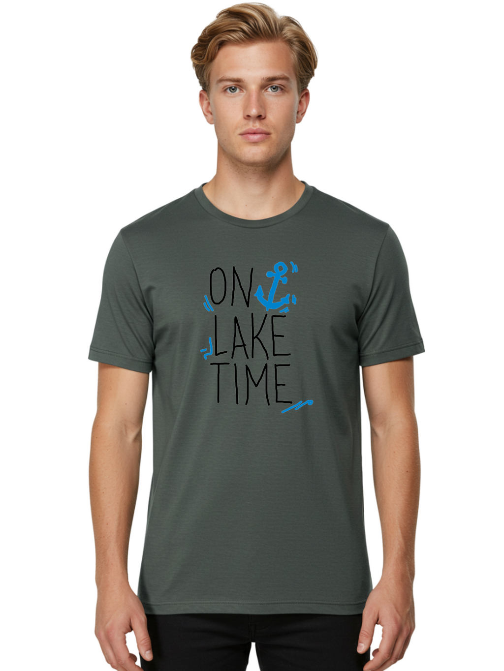On-Lake-Time Men'S Graphic Tee, 100% Cotton, Comfortable Casual Summer Wear, Machine Washable, Lake Life, Anchor Symbol, Lake Time, Water Activities, Boating, Sailing, Relaxation, Leisure Time, Summer Fun, Nautical Theme -  Aaa105