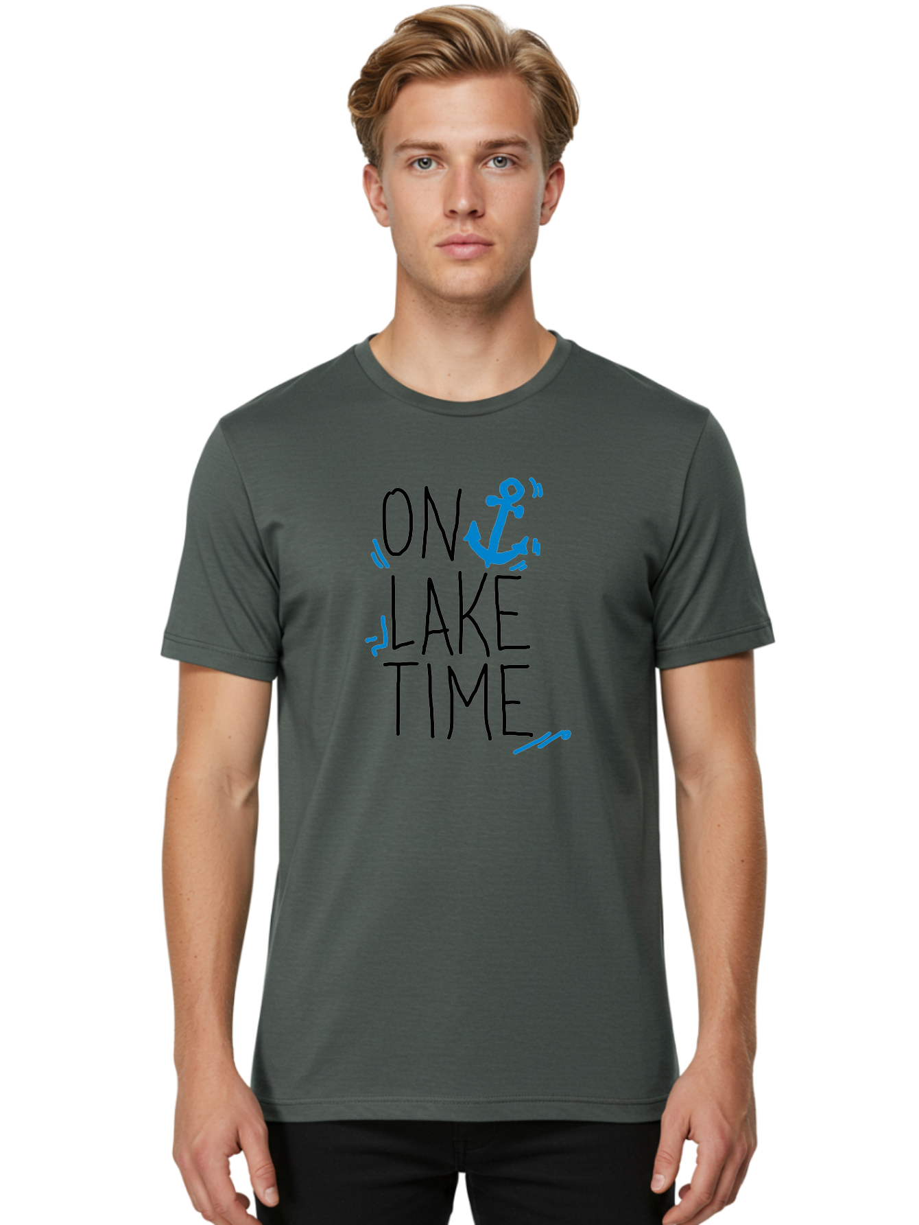 On-Lake-Time Men'S Graphic Tee, 100% Cotton, Comfortable Casual Summer Wear, Machine Washable, Lake Life, Anchor Symbol, Lake Time, Water Activities, Boating, Sailing, Relaxation, Leisure Time, Summer Fun, Nautical Theme -  Aaa105