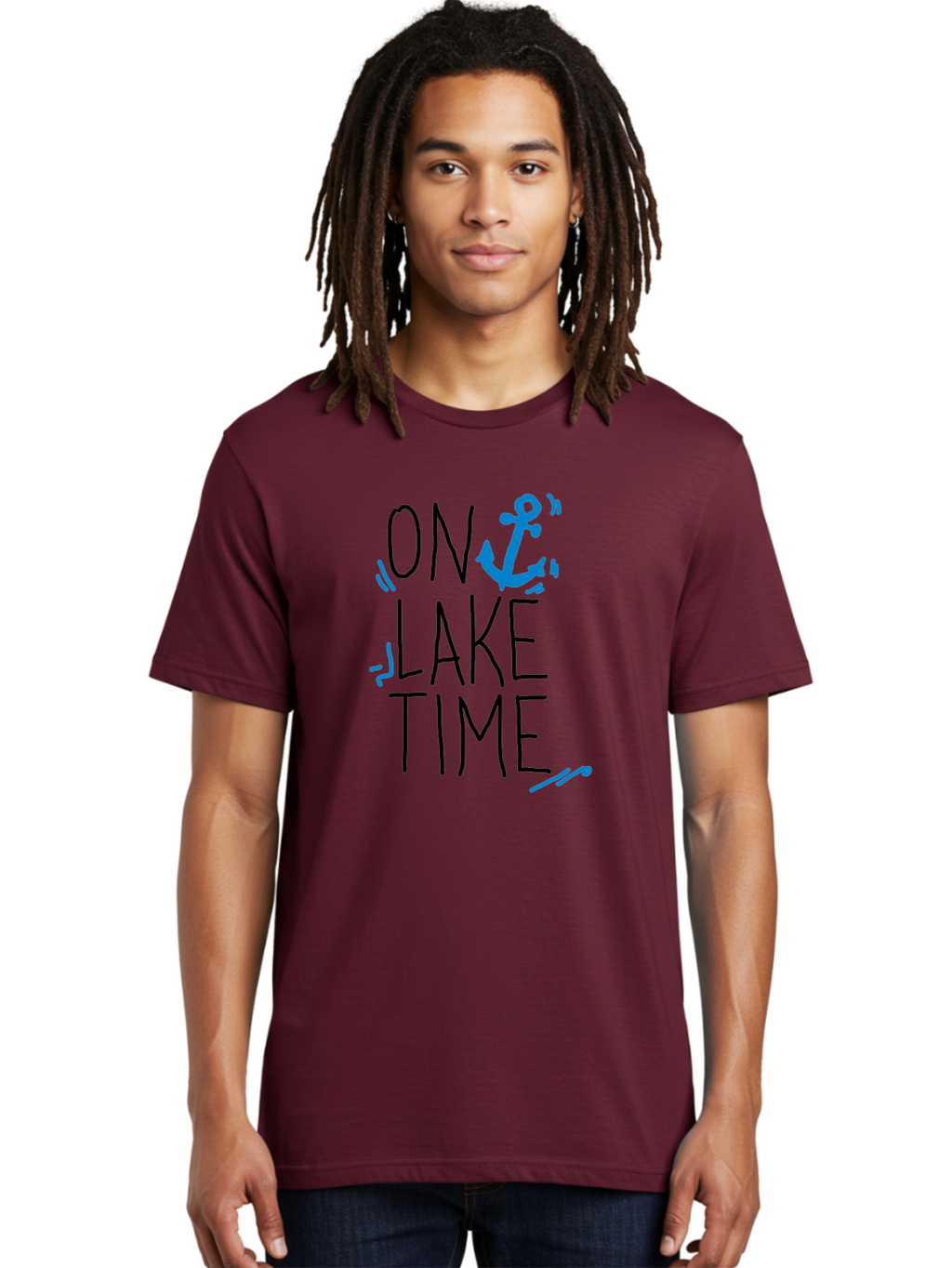 On-Lake-Time Men'S Graphic Tee, 100% Cotton, Comfortable Casual Summer Wear, Machine Washable, Lake Life, Anchor Symbol, Lake Time, Water Activities, Boating, Sailing, Relaxation, Leisure Time, Summer Fun, Nautical Theme -  Aaa105