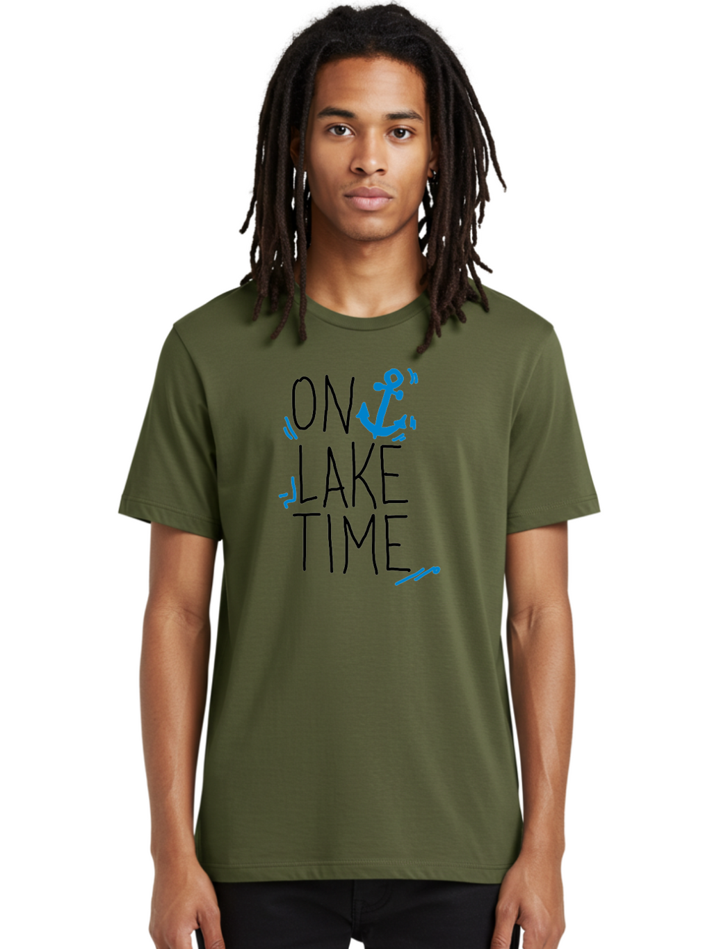 On-Lake-Time Men'S Graphic Tee, 100% Cotton, Comfortable Casual Summer Wear, Machine Washable, Lake Life, Anchor Symbol, Lake Time, Water Activities, Boating, Sailing, Relaxation, Leisure Time, Summer Fun, Nautical Theme -  Aaa105