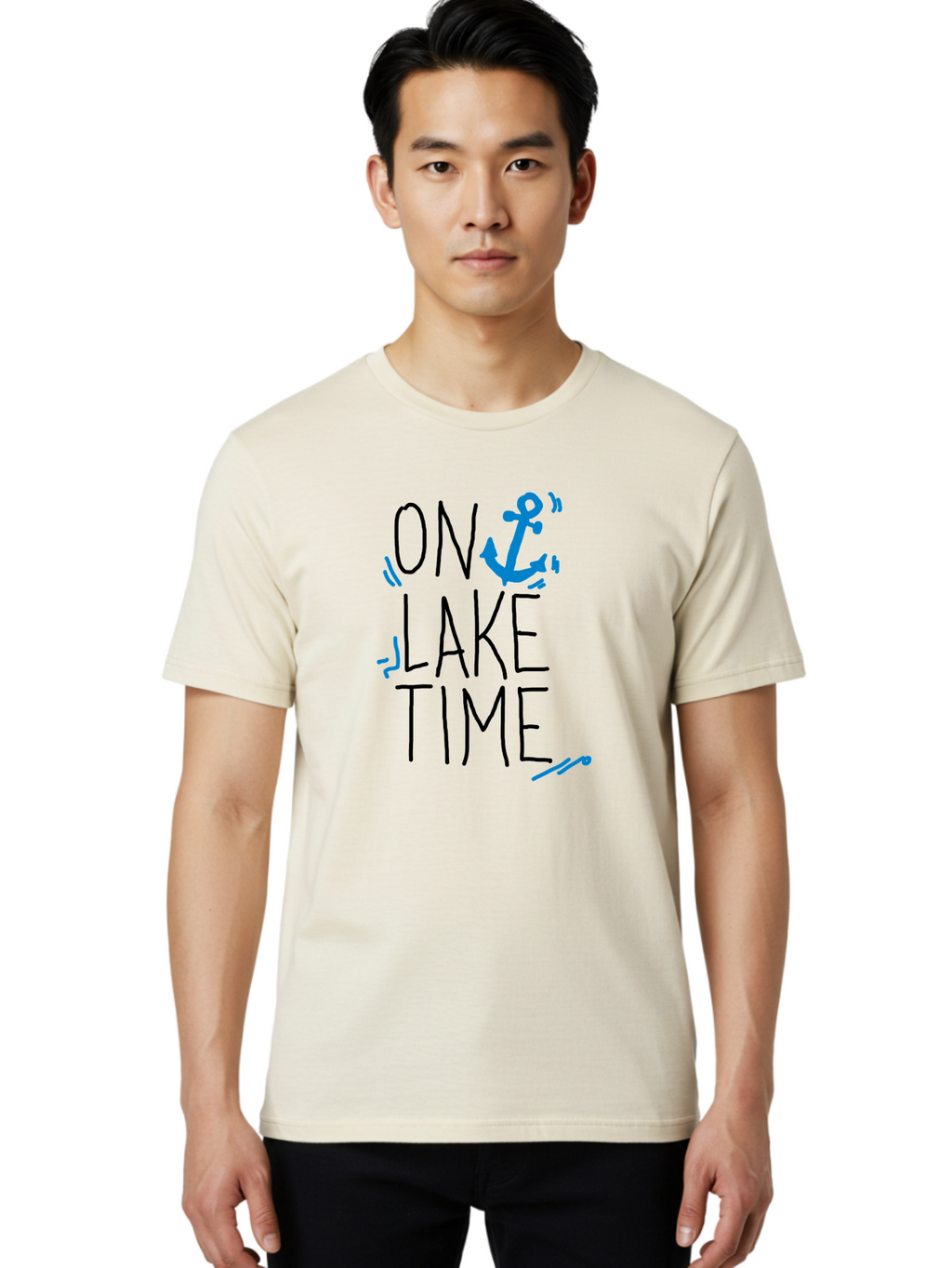 On-Lake-Time Men'S Graphic Tee, 100% Cotton, Comfortable Casual Summer Wear, Machine Washable, Lake Life, Anchor Symbol, Lake Time, Water Activities, Boating, Sailing, Relaxation, Leisure Time, Summer Fun, Nautical Theme -  Aaa105