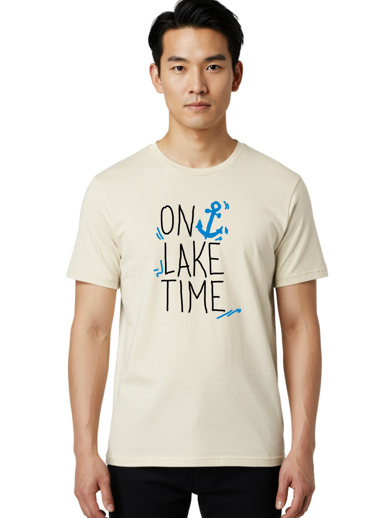 On-Lake-Time Men'S Graphic Tee, 100% Cotton, Comfortable Casual Summer Wear, Machine Washable, Lake Life, Anchor Symbol, Lake Time, Water Activities, Boating, Sailing, Relaxation, Leisure Time, Summer Fun, Nautical Theme -  Aaa105