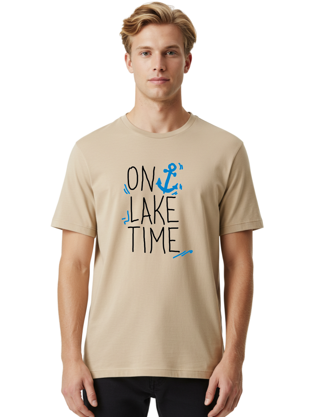 On-Lake-Time Men'S Graphic Tee, 100% Cotton, Comfortable Casual Summer Wear, Machine Washable, Lake Life, Anchor Symbol, Lake Time, Water Activities, Boating, Sailing, Relaxation, Leisure Time, Summer Fun, Nautical Theme -  Aaa105
