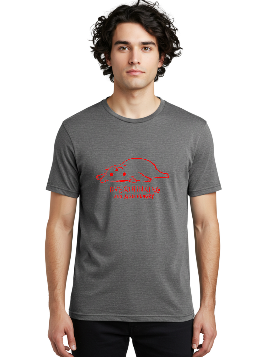Overthinking-And-Also-Hungry Men'S Graphic Tee, 100% Cotton, Comfortable Casual Summer Wear, Machine Washable, Funny Animal Cartoon, Red Rat, Cute Rodent, Lying Down Relaxed, Overthinking Humor, Relatable, Funny, Quirky, Cartoon Humor, -  Aaa106