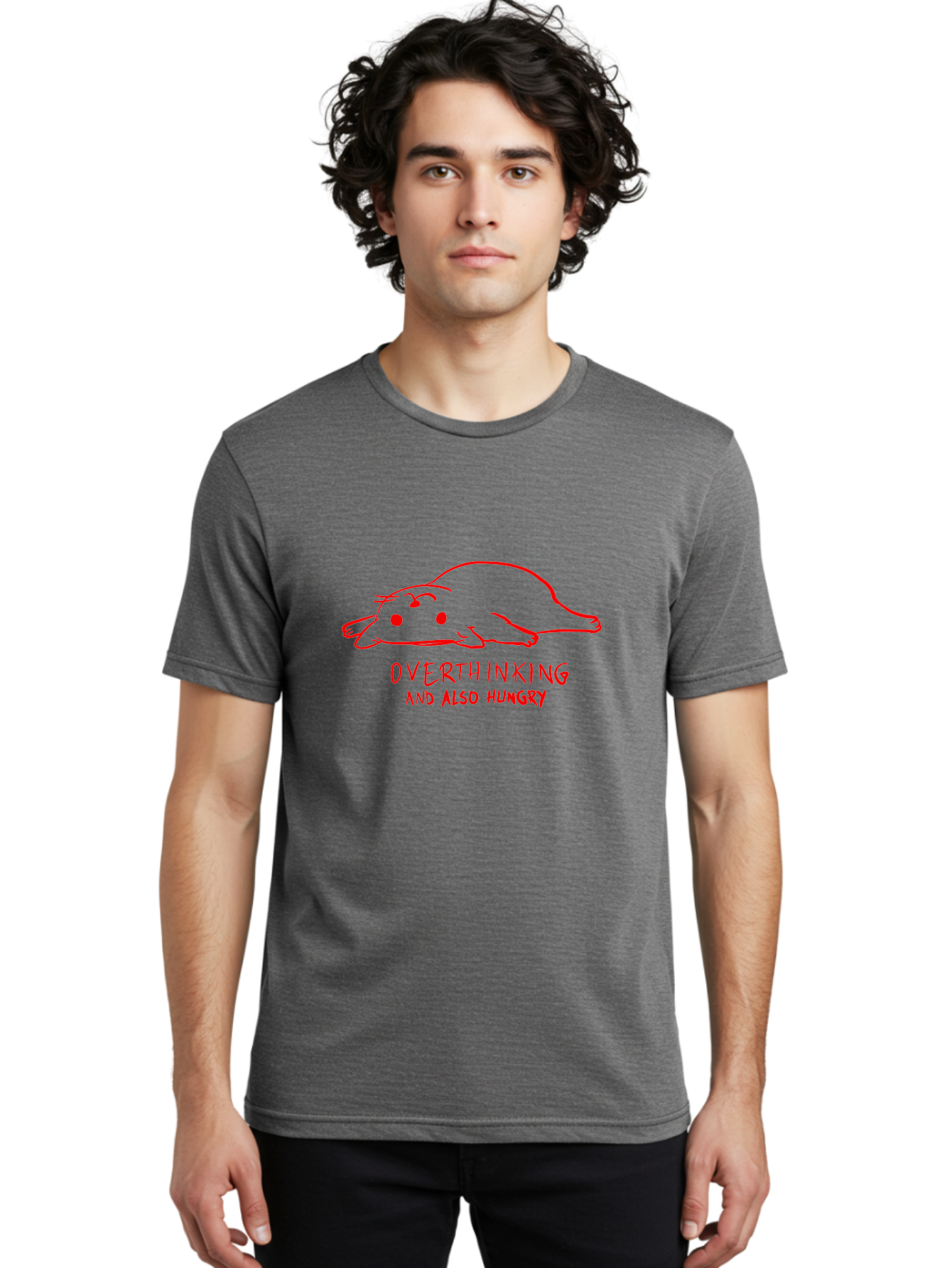 Overthinking-And-Also-Hungry Men'S Graphic Tee, 100% Cotton, Comfortable Casual Summer Wear, Machine Washable, Funny Animal Cartoon, Red Rat, Cute Rodent, Lying Down Relaxed, Overthinking Humor, Relatable, Funny, Quirky, Cartoon Humor, -  Aaa106