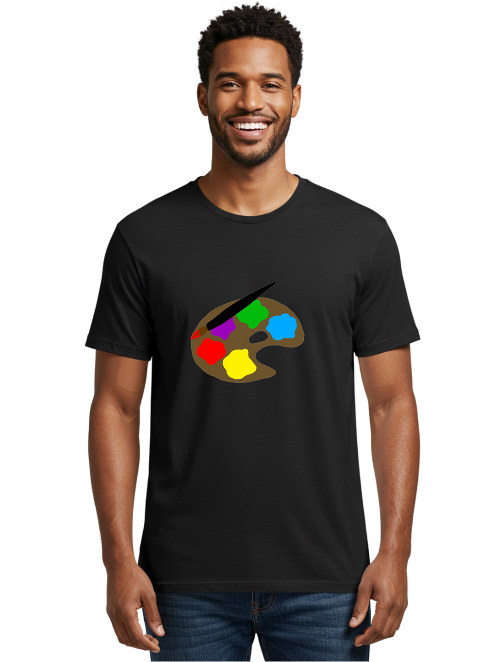 Paint-Palette Men'S Graphic Tee, 100% Cotton, Comfortable Casual Summer Wear, Machine Washable, Artist'S Palette, Painting Supplies, Colorful Paints, Artistic Tools, Creative Expression, Vibrant Colors, Red, Yellow, Blue, Green, Purple -  Aaa107