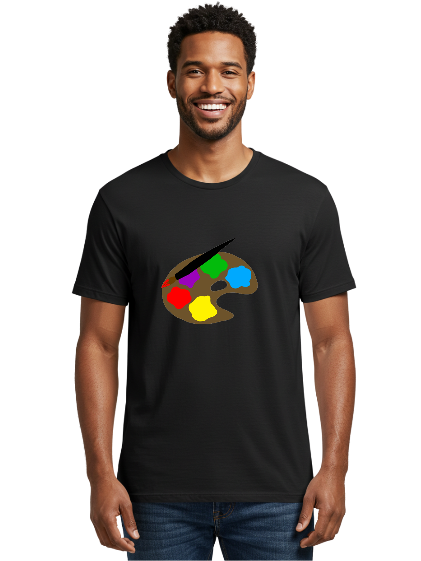 Paint-Palette Men'S Graphic Tee, 100% Cotton, Comfortable Casual Summer Wear, Machine Washable, Artist'S Palette, Painting Supplies, Colorful Paints, Artistic Tools, Creative Expression, Vibrant Colors, Red, Yellow, Blue, Green, Purple -  Aaa107