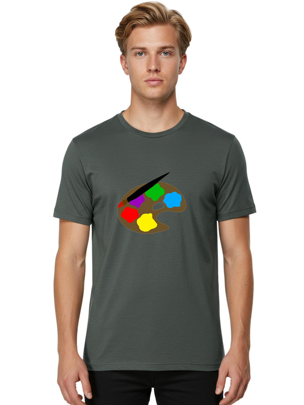 Paint-Palette Men'S Graphic Tee, 100% Cotton, Comfortable Casual Summer Wear, Machine Washable, Artist'S Palette, Painting Supplies, Colorful Paints, Artistic Tools, Creative Expression, Vibrant Colors, Red, Yellow, Blue, Green, Purple -  Aaa107