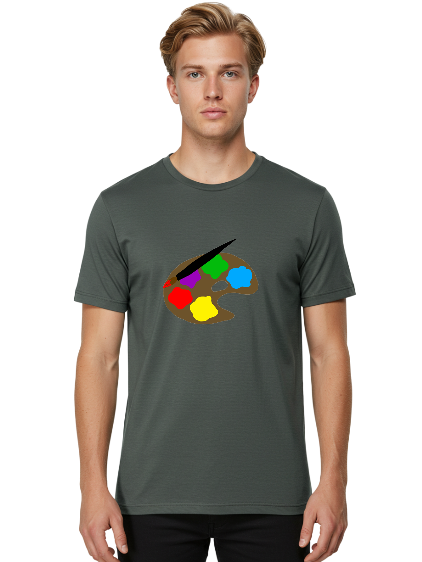 Paint-Palette Men'S Graphic Tee, 100% Cotton, Comfortable Casual Summer Wear, Machine Washable, Artist'S Palette, Painting Supplies, Colorful Paints, Artistic Tools, Creative Expression, Vibrant Colors, Red, Yellow, Blue, Green, Purple -  Aaa107