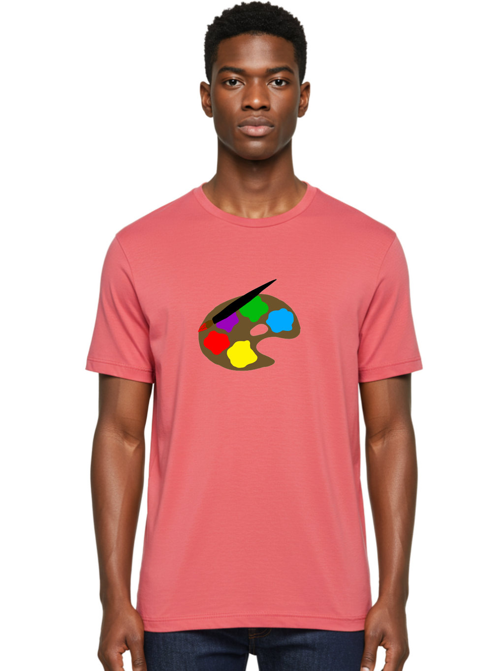 Paint-Palette Men'S Graphic Tee, 100% Cotton, Comfortable Casual Summer Wear, Machine Washable, Artist'S Palette, Painting Supplies, Colorful Paints, Artistic Tools, Creative Expression, Vibrant Colors, Red, Yellow, Blue, Green, Purple -  Aaa107