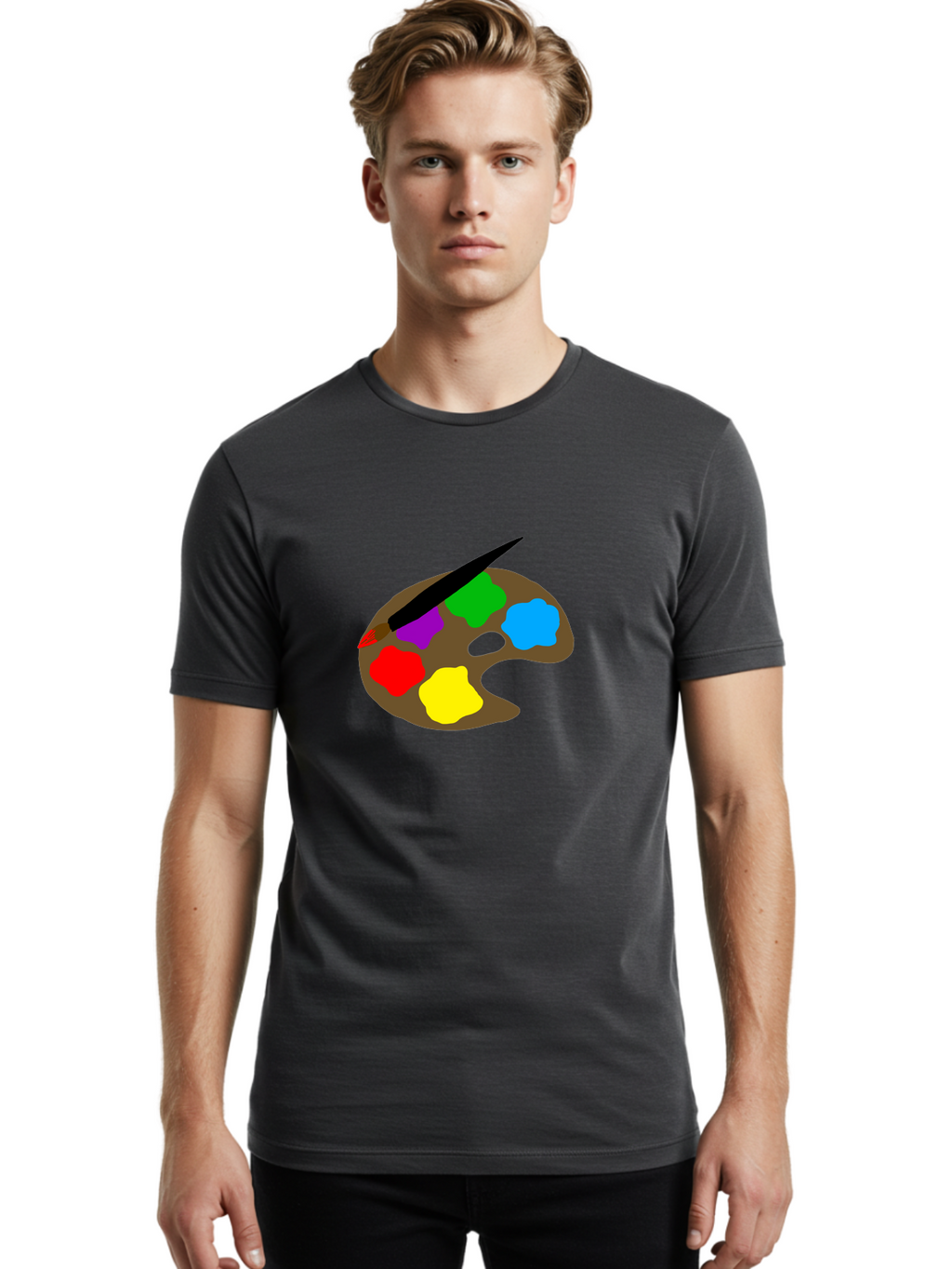 Paint-Palette Men'S Graphic Tee, 100% Cotton, Comfortable Casual Summer Wear, Machine Washable, Artist'S Palette, Painting Supplies, Colorful Paints, Artistic Tools, Creative Expression, Vibrant Colors, Red, Yellow, Blue, Green, Purple -  Aaa107