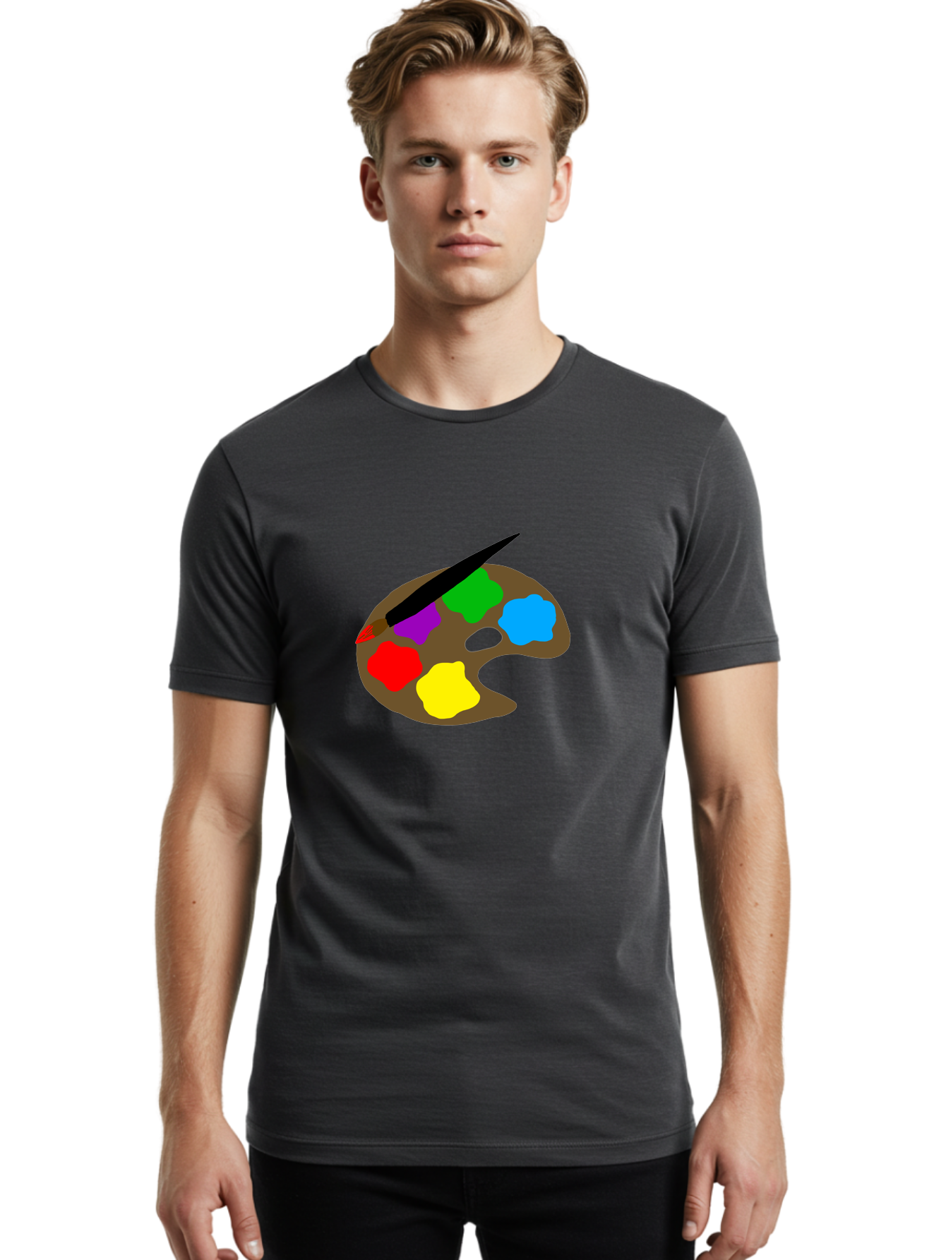 Paint-Palette Men'S Graphic Tee, 100% Cotton, Comfortable Casual Summer Wear, Machine Washable, Artist'S Palette, Painting Supplies, Colorful Paints, Artistic Tools, Creative Expression, Vibrant Colors, Red, Yellow, Blue, Green, Purple -  Aaa107