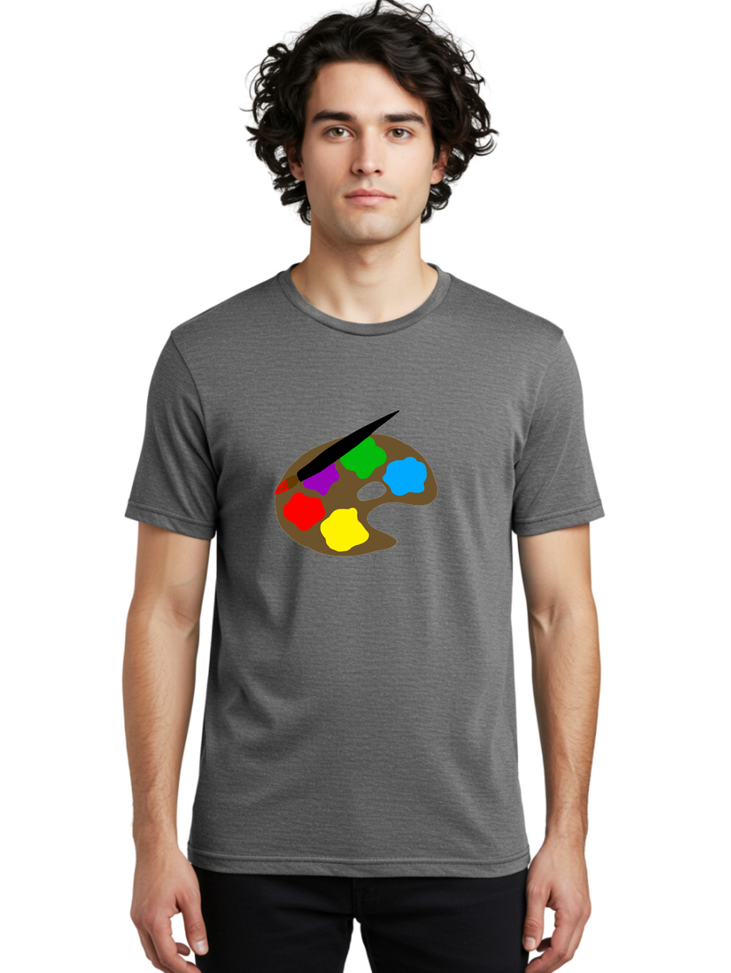 Paint-Palette Men'S Graphic Tee, 100% Cotton, Comfortable Casual Summer Wear, Machine Washable, Artist'S Palette, Painting Supplies, Colorful Paints, Artistic Tools, Creative Expression, Vibrant Colors, Red, Yellow, Blue, Green, Purple -  Aaa107