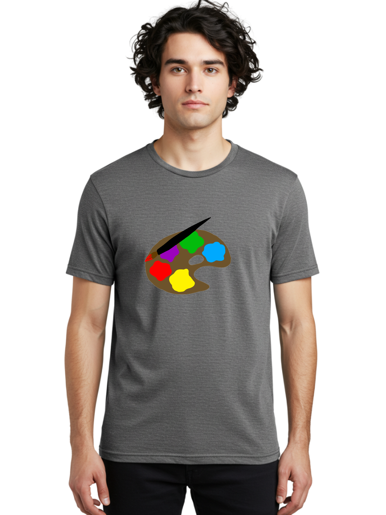 Paint-Palette Men'S Graphic Tee, 100% Cotton, Comfortable Casual Summer Wear, Machine Washable, Artist'S Palette, Painting Supplies, Colorful Paints, Artistic Tools, Creative Expression, Vibrant Colors, Red, Yellow, Blue, Green, Purple -  Aaa107