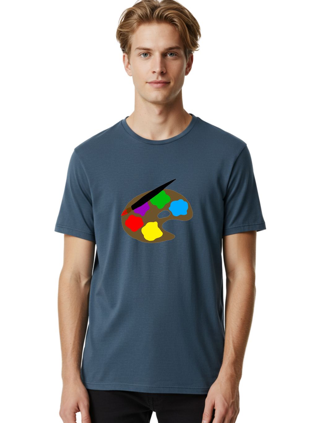 Paint-Palette Men'S Graphic Tee, 100% Cotton, Comfortable Casual Summer Wear, Machine Washable, Artist'S Palette, Painting Supplies, Colorful Paints, Artistic Tools, Creative Expression, Vibrant Colors, Red, Yellow, Blue, Green, Purple -  Aaa107