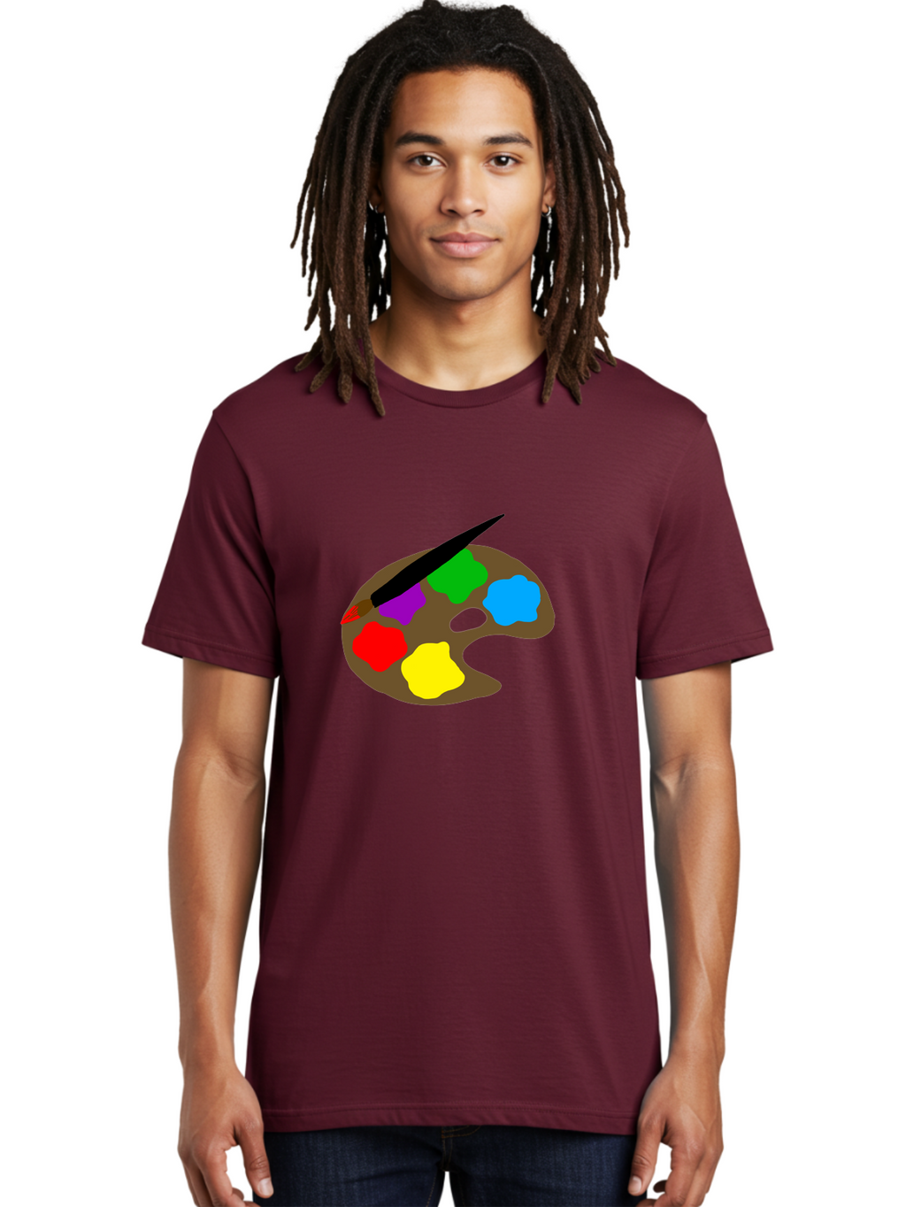 Paint-Palette Men'S Graphic Tee, 100% Cotton, Comfortable Casual Summer Wear, Machine Washable, Artist'S Palette, Painting Supplies, Colorful Paints, Artistic Tools, Creative Expression, Vibrant Colors, Red, Yellow, Blue, Green, Purple -  Aaa107