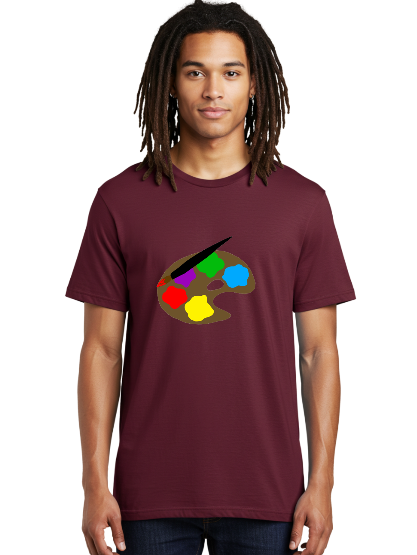 Paint-Palette Men'S Graphic Tee, 100% Cotton, Comfortable Casual Summer Wear, Machine Washable, Artist'S Palette, Painting Supplies, Colorful Paints, Artistic Tools, Creative Expression, Vibrant Colors, Red, Yellow, Blue, Green, Purple -  Aaa107