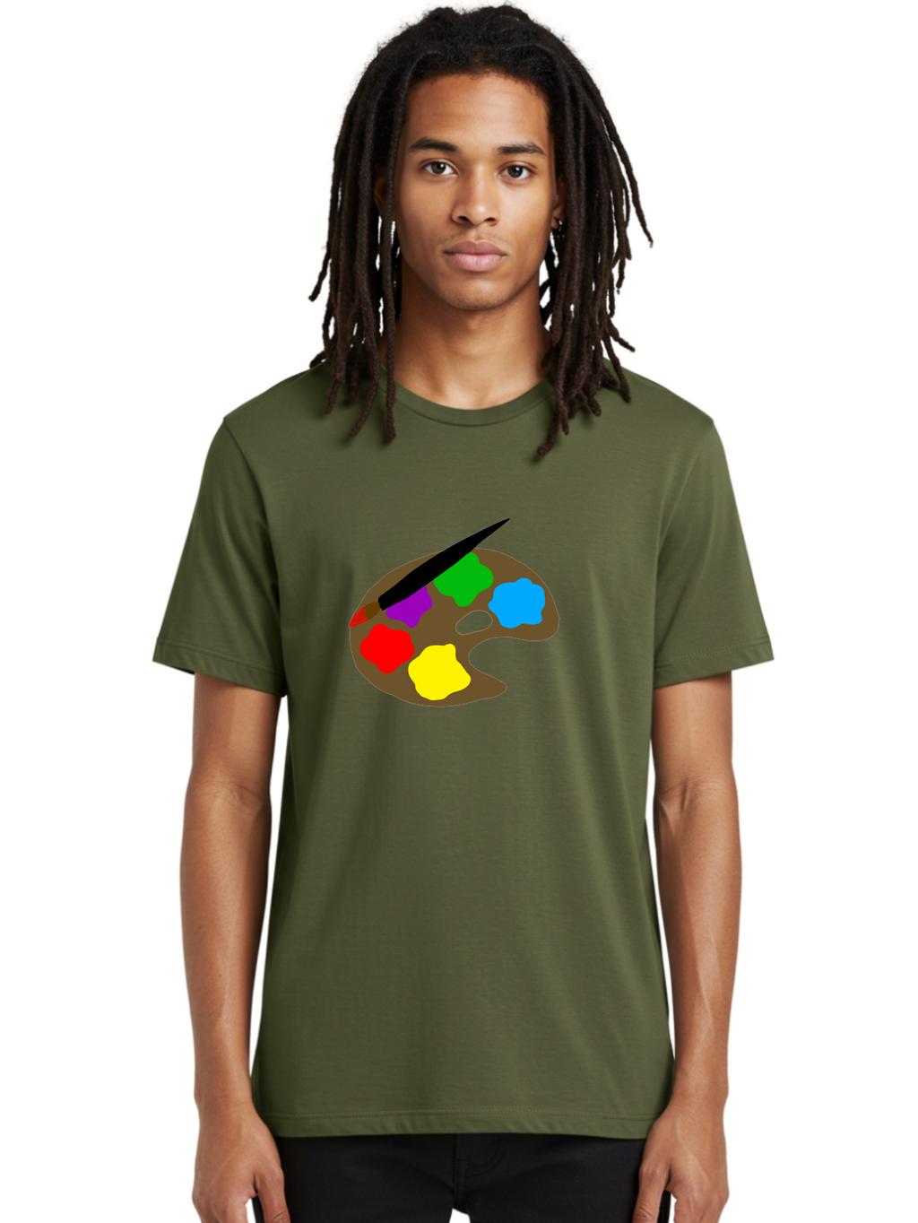 Paint-Palette Men'S Graphic Tee, 100% Cotton, Comfortable Casual Summer Wear, Machine Washable, Artist'S Palette, Painting Supplies, Colorful Paints, Artistic Tools, Creative Expression, Vibrant Colors, Red, Yellow, Blue, Green, Purple -  Aaa107