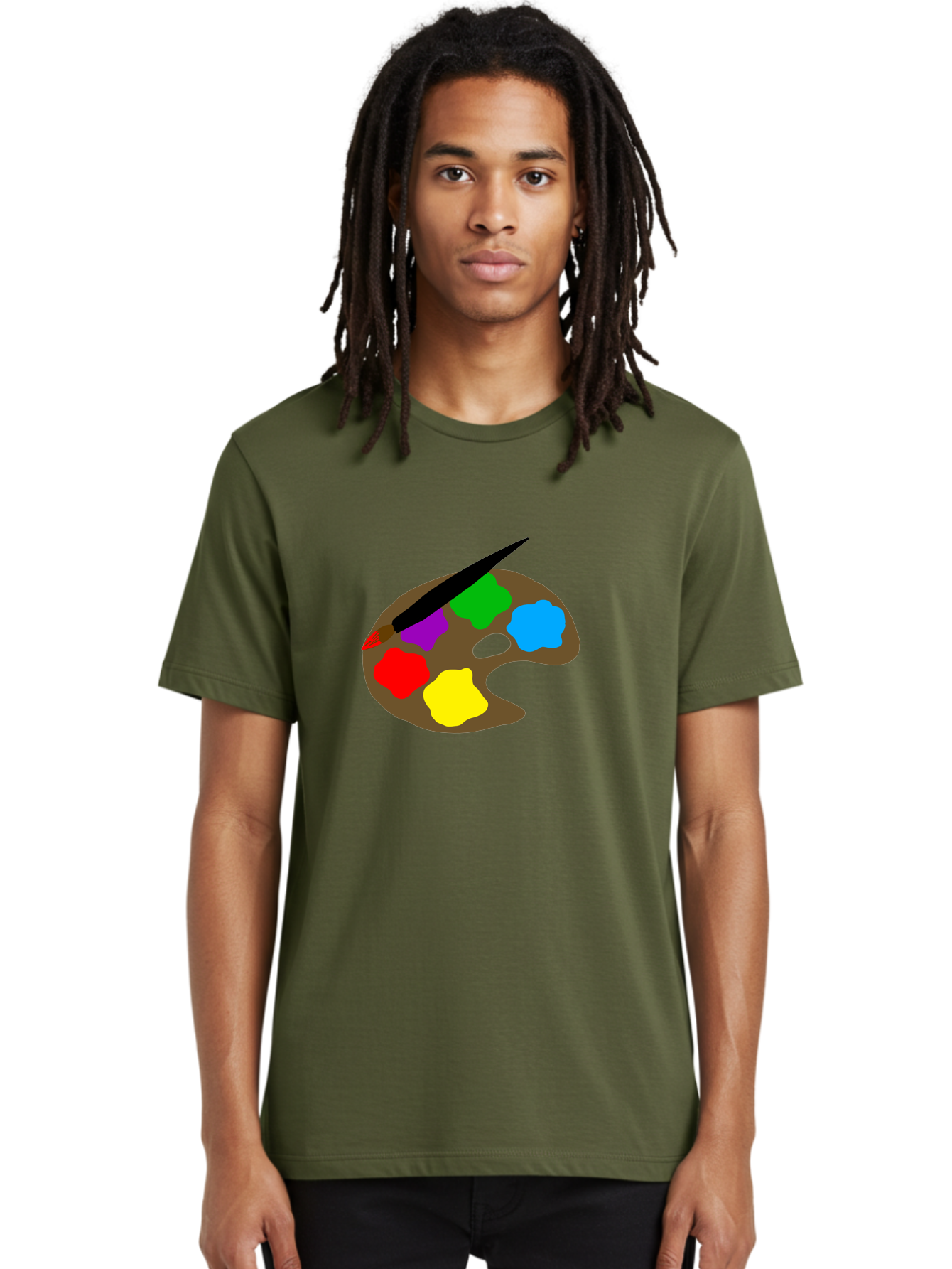 Paint-Palette Men'S Graphic Tee, 100% Cotton, Comfortable Casual Summer Wear, Machine Washable, Artist'S Palette, Painting Supplies, Colorful Paints, Artistic Tools, Creative Expression, Vibrant Colors, Red, Yellow, Blue, Green, Purple -  Aaa107