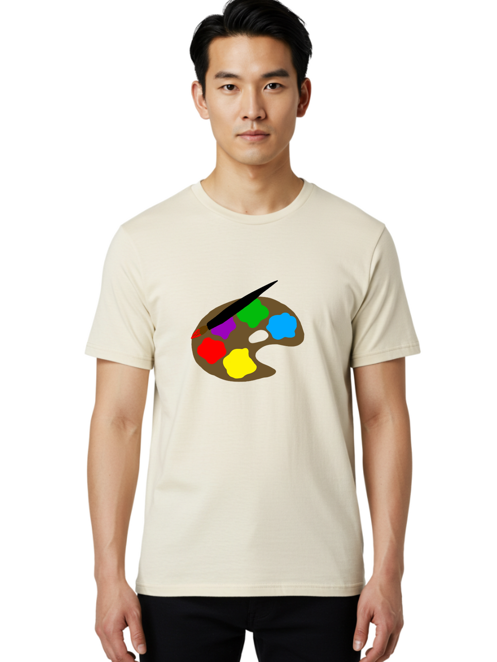 Paint-Palette Men'S Graphic Tee, 100% Cotton, Comfortable Casual Summer Wear, Machine Washable, Artist'S Palette, Painting Supplies, Colorful Paints, Artistic Tools, Creative Expression, Vibrant Colors, Red, Yellow, Blue, Green, Purple -  Aaa107
