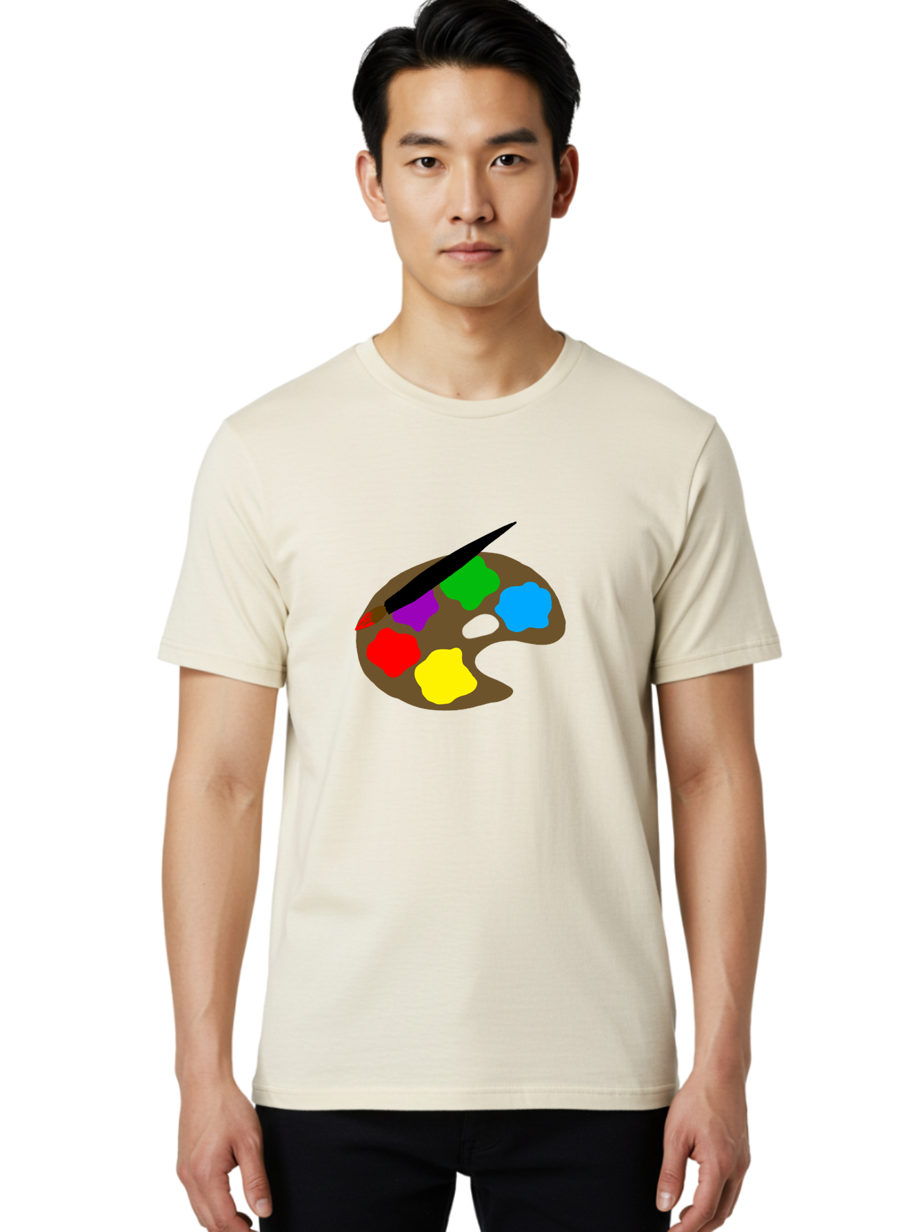 Paint-Palette Men'S Graphic Tee, 100% Cotton, Comfortable Casual Summer Wear, Machine Washable, Artist'S Palette, Painting Supplies, Colorful Paints, Artistic Tools, Creative Expression, Vibrant Colors, Red, Yellow, Blue, Green, Purple -  Aaa107