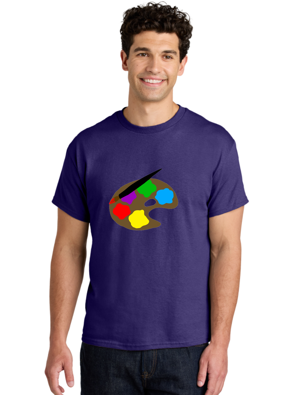 Paint-Palette Men'S Graphic Tee, 100% Cotton, Comfortable Casual Summer Wear, Machine Washable, Artist'S Palette, Painting Supplies, Colorful Paints, Artistic Tools, Creative Expression, Vibrant Colors, Red, Yellow, Blue, Green, Purple -  Aaa107