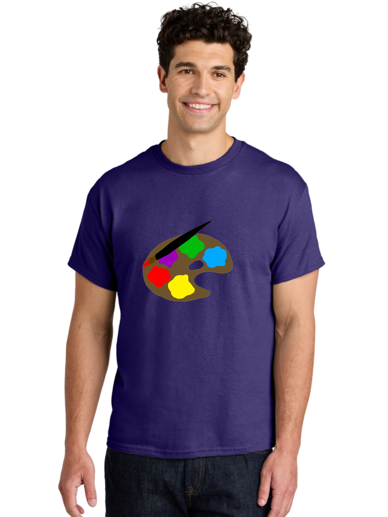 Paint-Palette Men'S Graphic Tee, 100% Cotton, Comfortable Casual Summer Wear, Machine Washable, Artist'S Palette, Painting Supplies, Colorful Paints, Artistic Tools, Creative Expression, Vibrant Colors, Red, Yellow, Blue, Green, Purple -  Aaa107