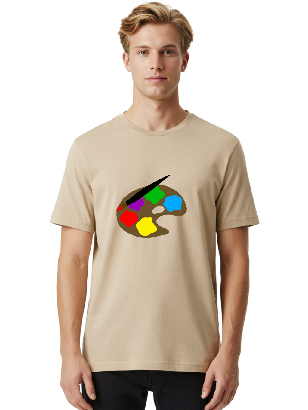 Paint-Palette Men'S Graphic Tee, 100% Cotton, Comfortable Casual Summer Wear, Machine Washable, Artist'S Palette, Painting Supplies, Colorful Paints, Artistic Tools, Creative Expression, Vibrant Colors, Red, Yellow, Blue, Green, Purple -  Aaa107