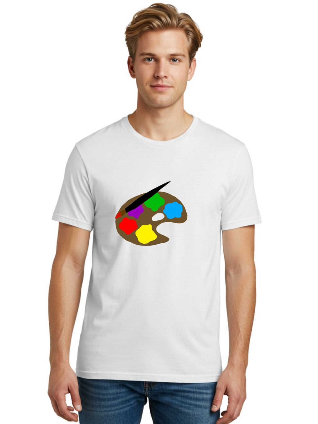 Paint-Palette Men'S Graphic Tee, 100% Cotton, Comfortable Casual Summer Wear, Machine Washable, Artist'S Palette, Painting Supplies, Colorful Paints, Artistic Tools, Creative Expression, Vibrant Colors, Red, Yellow, Blue, Green, Purple -  Aaa107