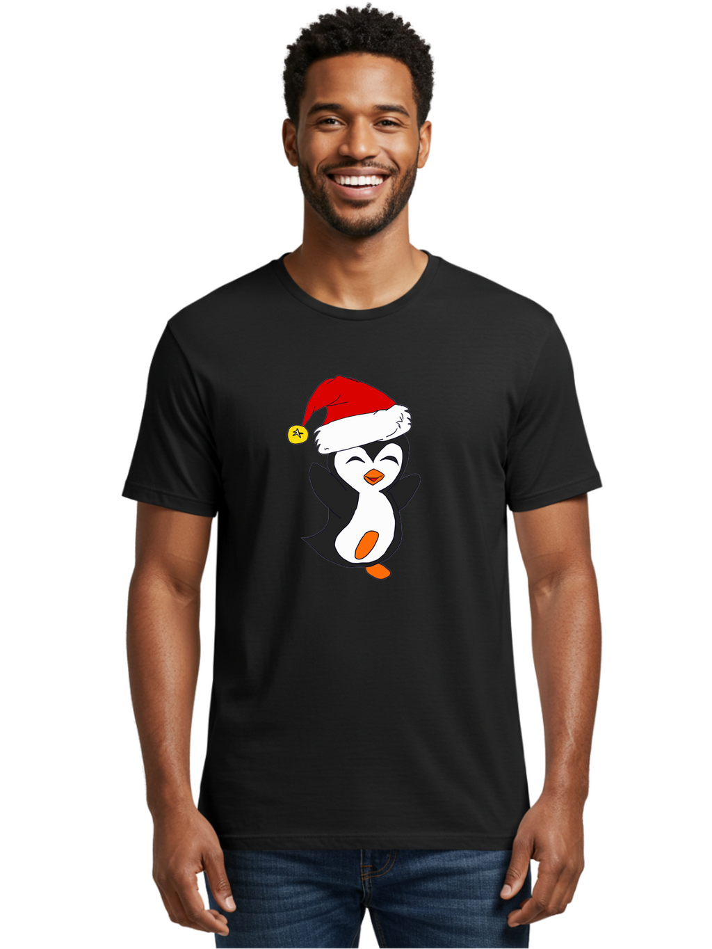Penguin-With-Santa-Hat Men'S Graphic Tee, 100% Cotton, Comfortable Casual Summer Wear, Machine Washable, Cartoon Penguin, Santa Hat, Christmas Character, Festive Holiday, Cartoon Illustration, Winter Wonderland, Cute Animal, -  Aaa110