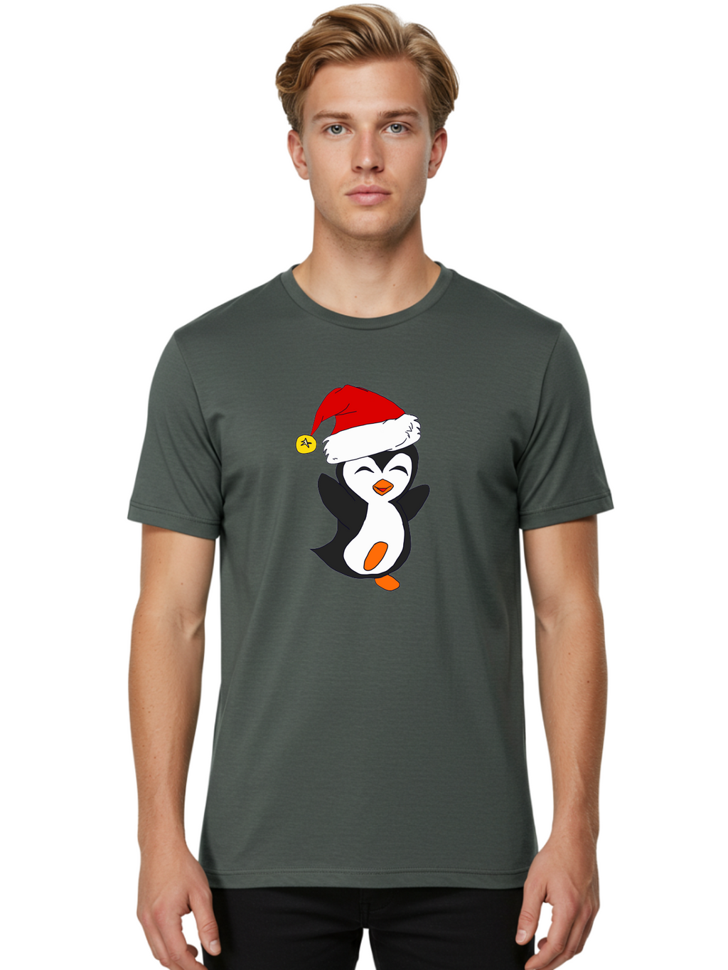 Penguin-With-Santa-Hat Men'S Graphic Tee, 100% Cotton, Comfortable Casual Summer Wear, Machine Washable, Cartoon Penguin, Santa Hat, Christmas Character, Festive Holiday, Cartoon Illustration, Winter Wonderland, Cute Animal, -  Aaa110