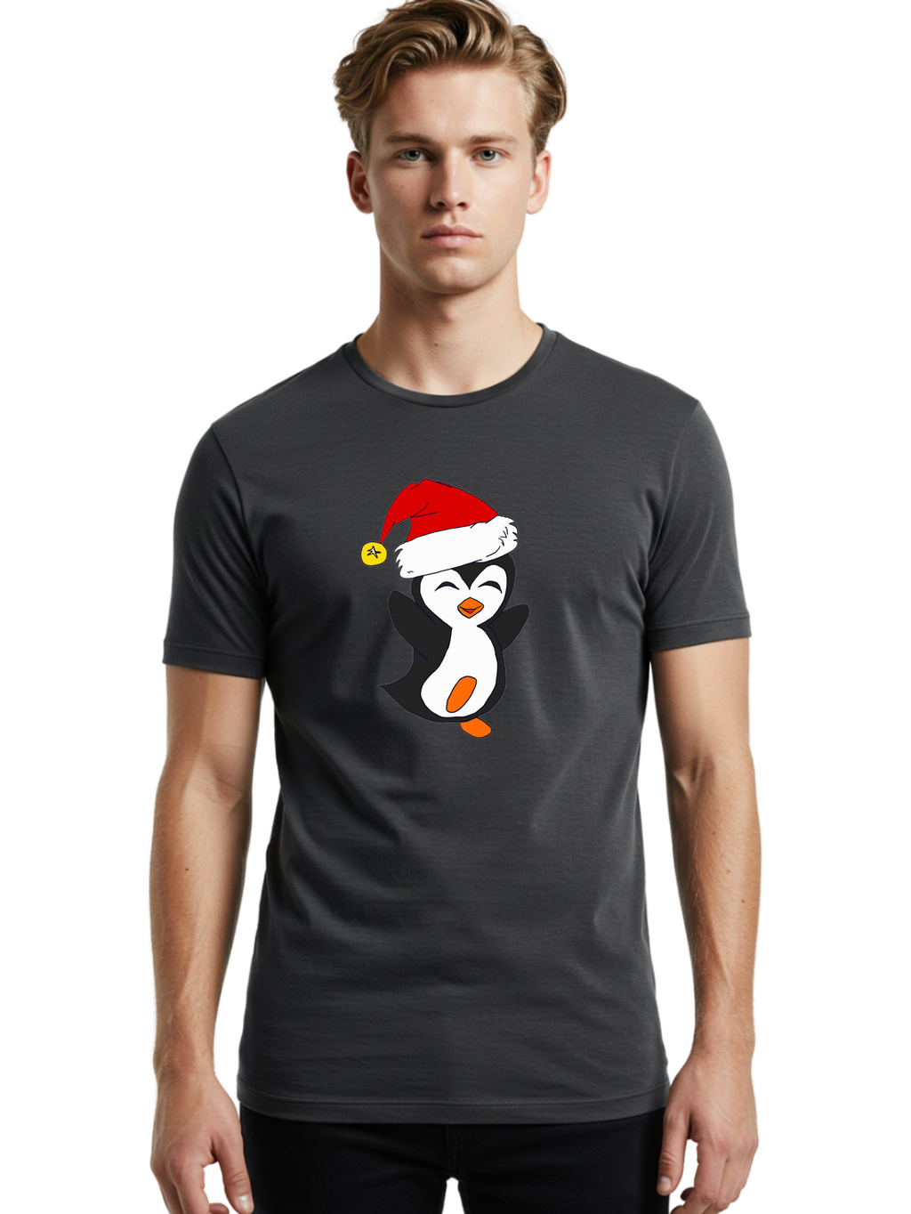 Penguin-With-Santa-Hat Men'S Graphic Tee, 100% Cotton, Comfortable Casual Summer Wear, Machine Washable, Cartoon Penguin, Santa Hat, Christmas Character, Festive Holiday, Cartoon Illustration, Winter Wonderland, Cute Animal, -  Aaa110