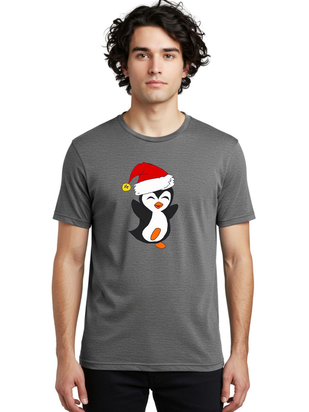 Penguin-With-Santa-Hat Men'S Graphic Tee, 100% Cotton, Comfortable Casual Summer Wear, Machine Washable, Cartoon Penguin, Santa Hat, Christmas Character, Festive Holiday, Cartoon Illustration, Winter Wonderland, Cute Animal, -  Aaa110