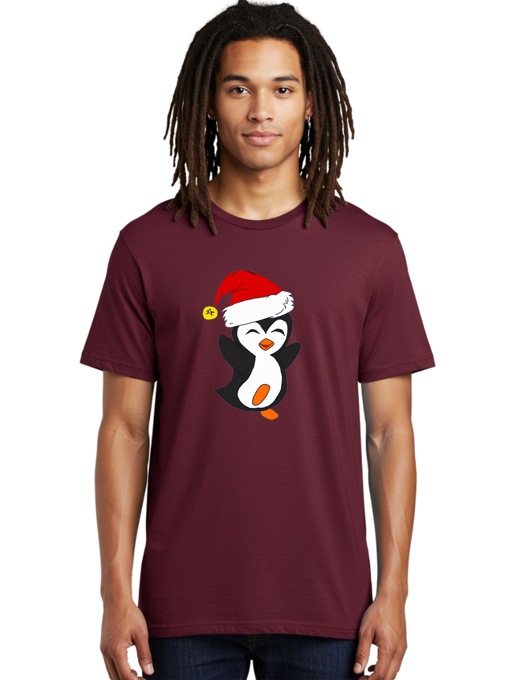 Penguin-With-Santa-Hat Men'S Graphic Tee, 100% Cotton, Comfortable Casual Summer Wear, Machine Washable, Cartoon Penguin, Santa Hat, Christmas Character, Festive Holiday, Cartoon Illustration, Winter Wonderland, Cute Animal, -  Aaa110