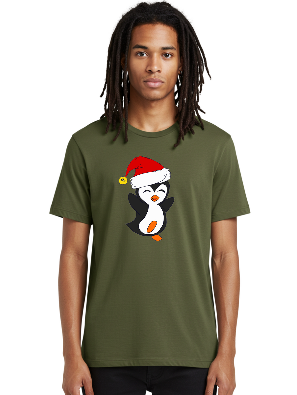 Penguin-With-Santa-Hat Men'S Graphic Tee, 100% Cotton, Comfortable Casual Summer Wear, Machine Washable, Cartoon Penguin, Santa Hat, Christmas Character, Festive Holiday, Cartoon Illustration, Winter Wonderland, Cute Animal, -  Aaa110