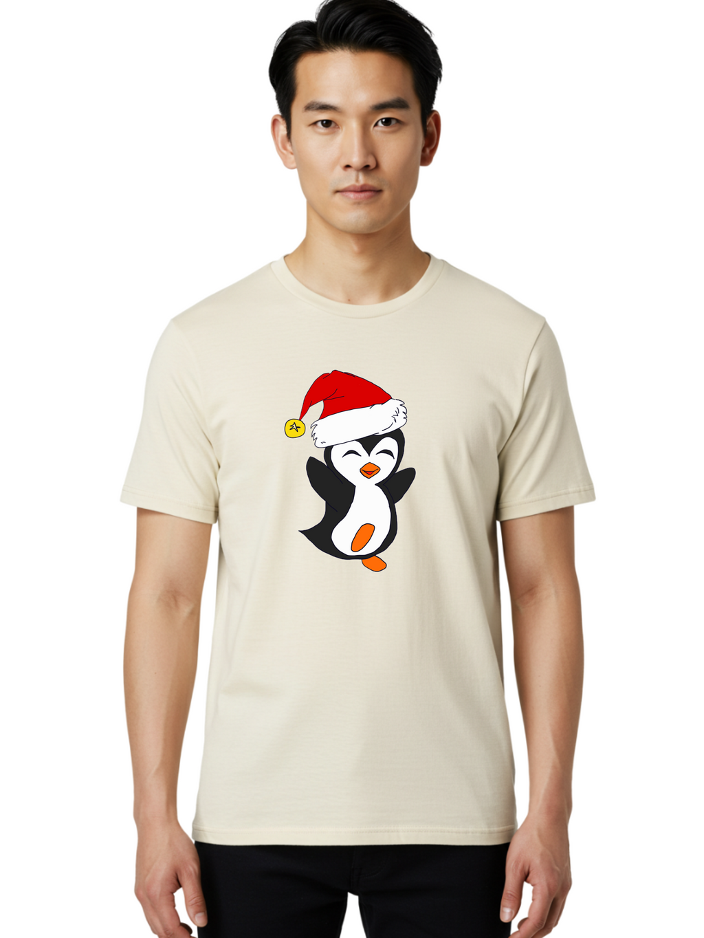 Penguin-With-Santa-Hat Men'S Graphic Tee, 100% Cotton, Comfortable Casual Summer Wear, Machine Washable, Cartoon Penguin, Santa Hat, Christmas Character, Festive Holiday, Cartoon Illustration, Winter Wonderland, Cute Animal, -  Aaa110