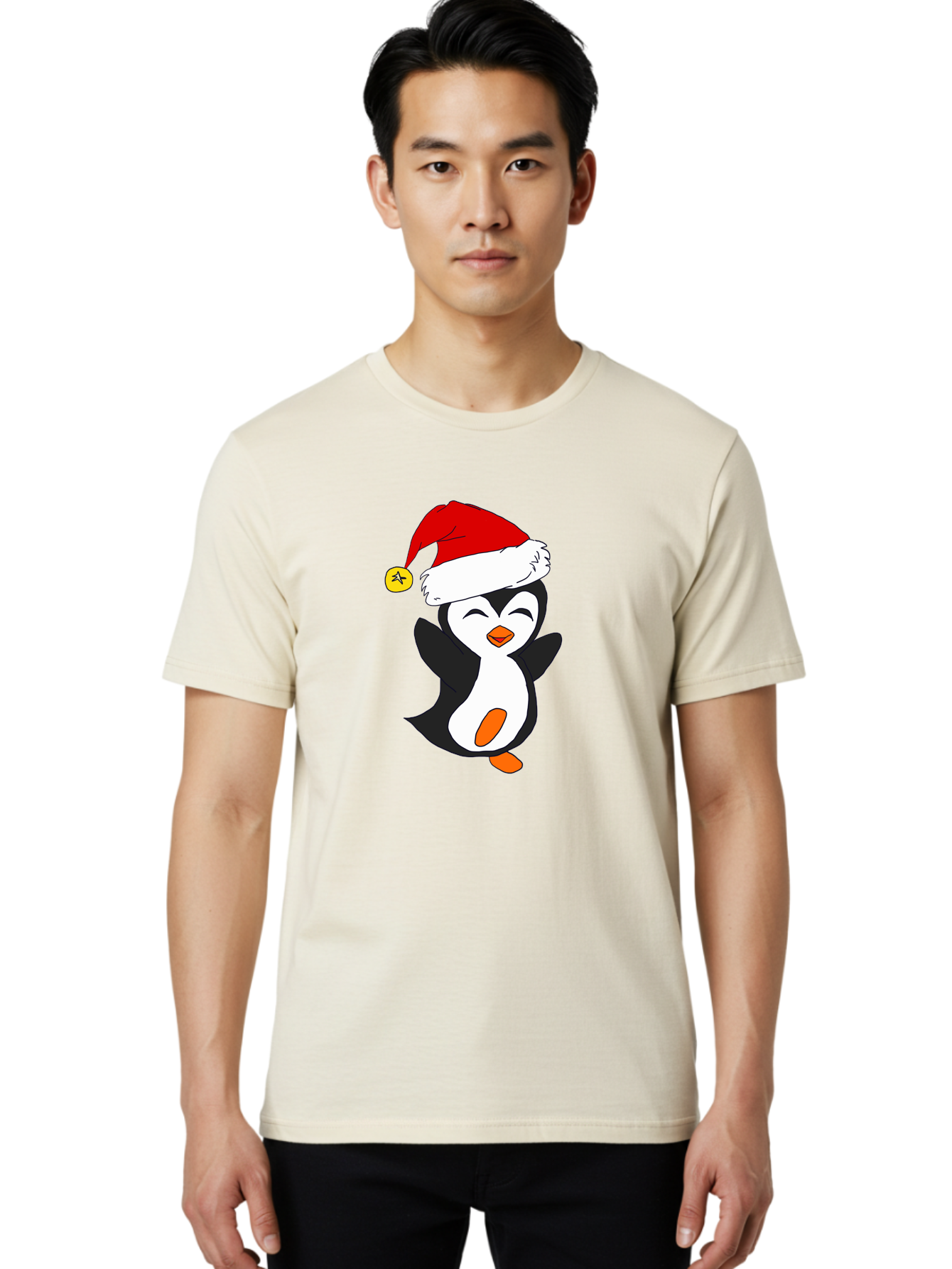 Penguin-With-Santa-Hat Men'S Graphic Tee, 100% Cotton, Comfortable Casual Summer Wear, Machine Washable, Cartoon Penguin, Santa Hat, Christmas Character, Festive Holiday, Cartoon Illustration, Winter Wonderland, Cute Animal, -  Aaa110