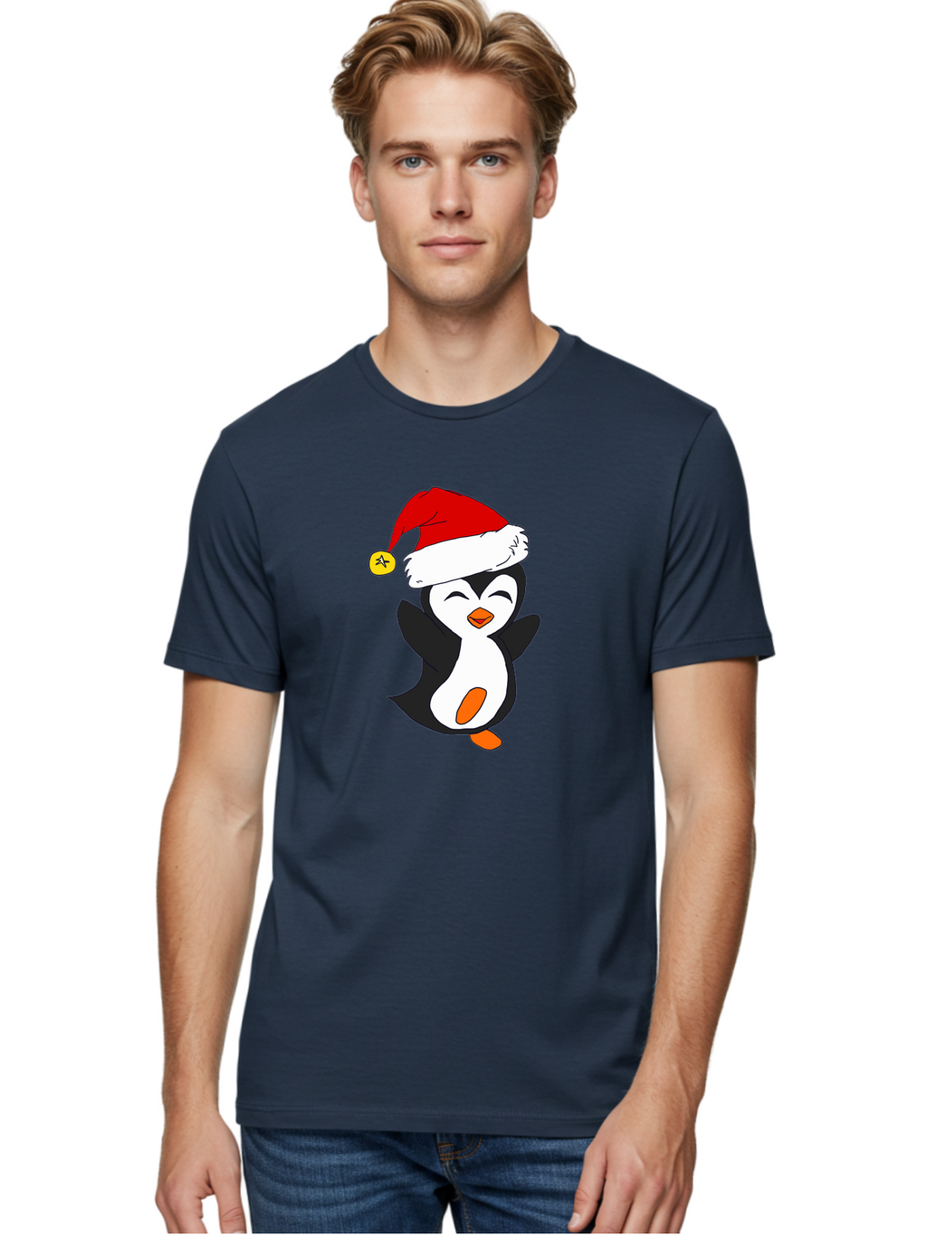 Penguin-With-Santa-Hat Men'S Graphic Tee, 100% Cotton, Comfortable Casual Summer Wear, Machine Washable, Cartoon Penguin, Santa Hat, Christmas Character, Festive Holiday, Cartoon Illustration, Winter Wonderland, Cute Animal, -  Aaa110