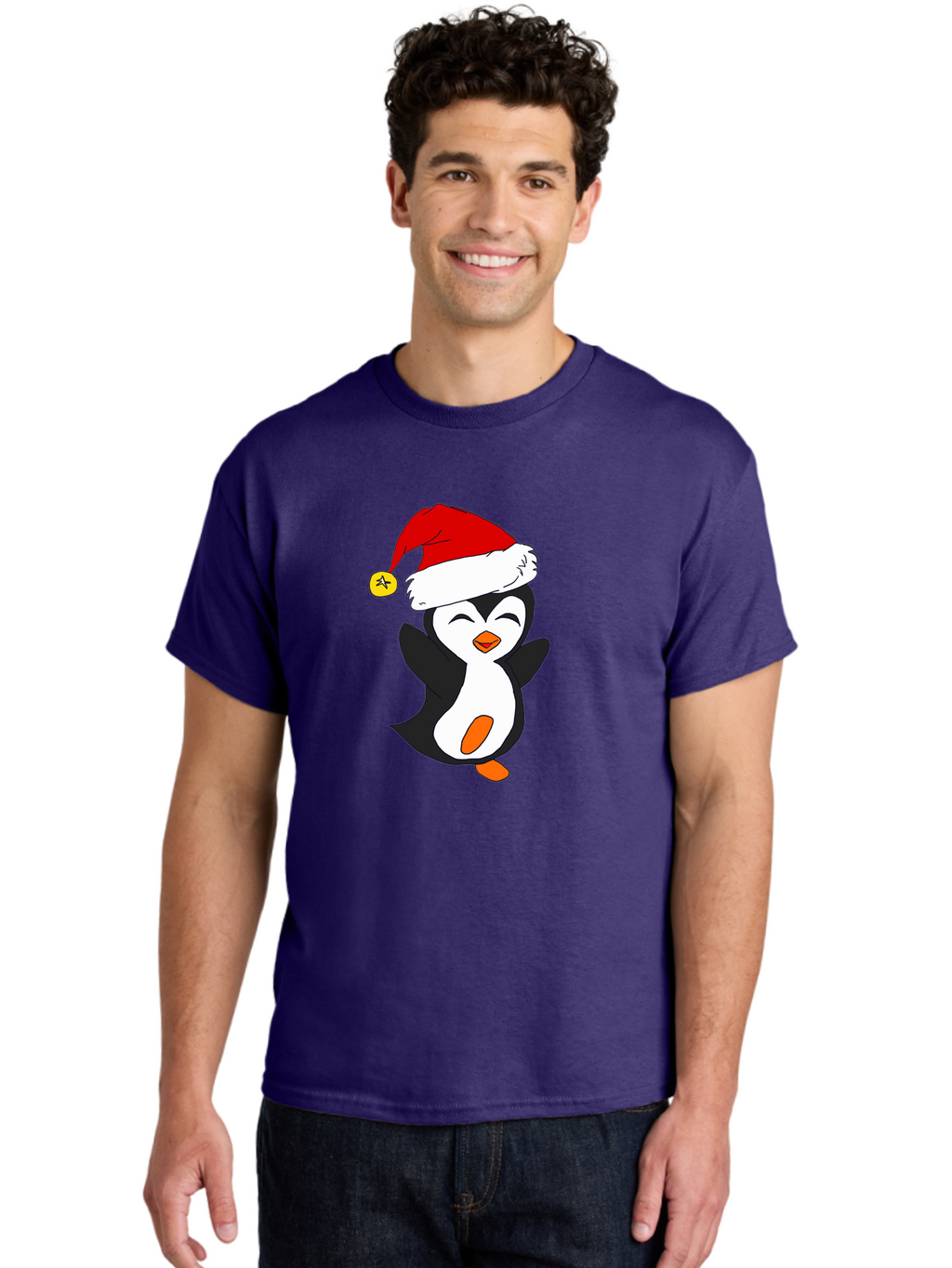 Penguin-With-Santa-Hat Men'S Graphic Tee, 100% Cotton, Comfortable Casual Summer Wear, Machine Washable, Cartoon Penguin, Santa Hat, Christmas Character, Festive Holiday, Cartoon Illustration, Winter Wonderland, Cute Animal, -  Aaa110