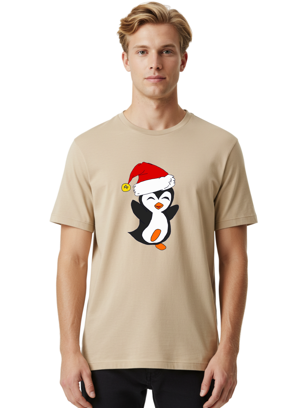 Penguin-With-Santa-Hat Men'S Graphic Tee, 100% Cotton, Comfortable Casual Summer Wear, Machine Washable, Cartoon Penguin, Santa Hat, Christmas Character, Festive Holiday, Cartoon Illustration, Winter Wonderland, Cute Animal, -  Aaa110
