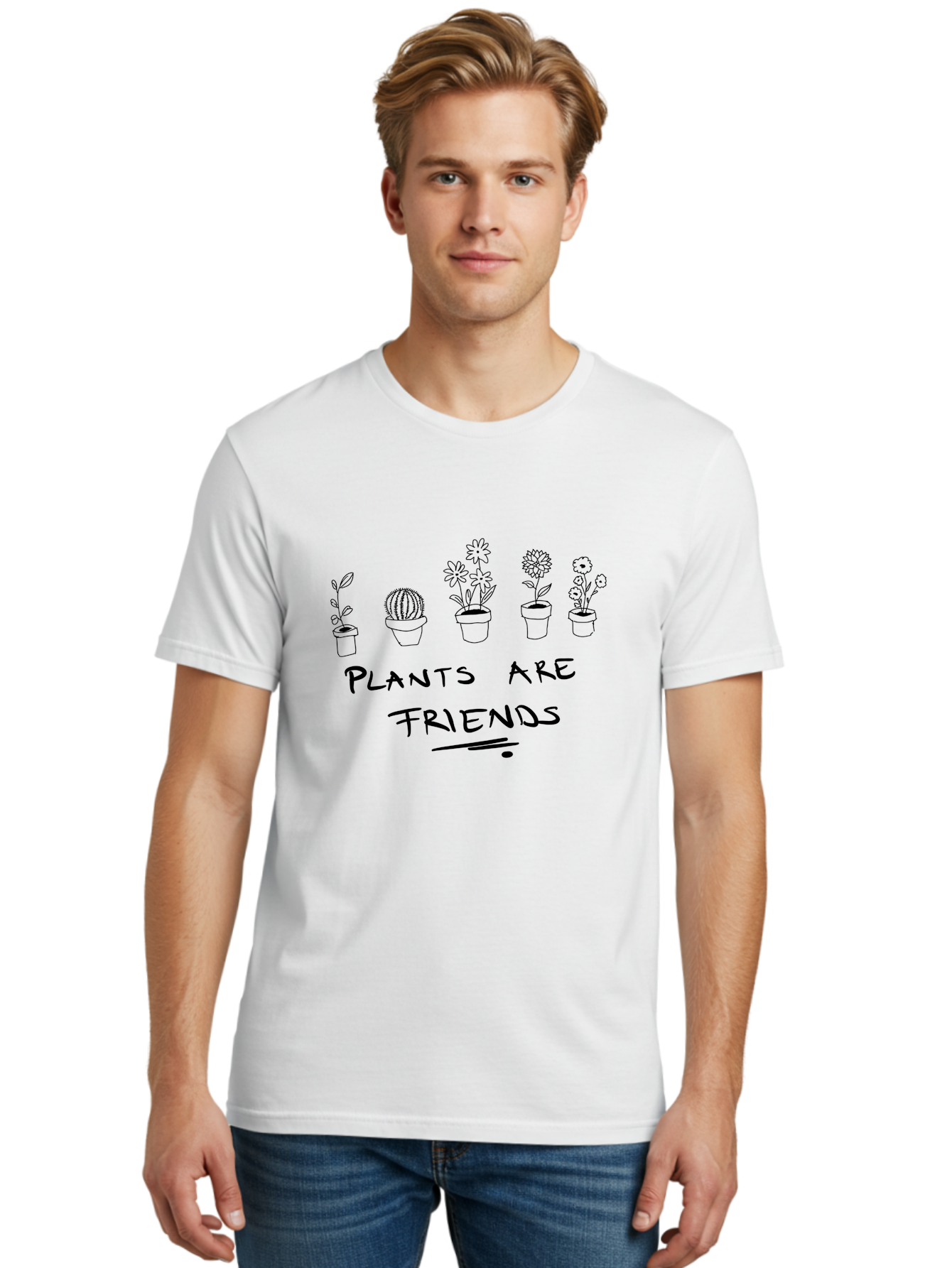 Plants-Are-Friends Men'S Graphic Tee, 100% Cotton, Comfortable Casual Summer Wear, Machine Washable, Potted Plants, Houseplants, Floral Arrangements, Botanical Art, Cactus, Friendship, Plant Love, Botanical Friends, Plant Appreciation -  Aaa113