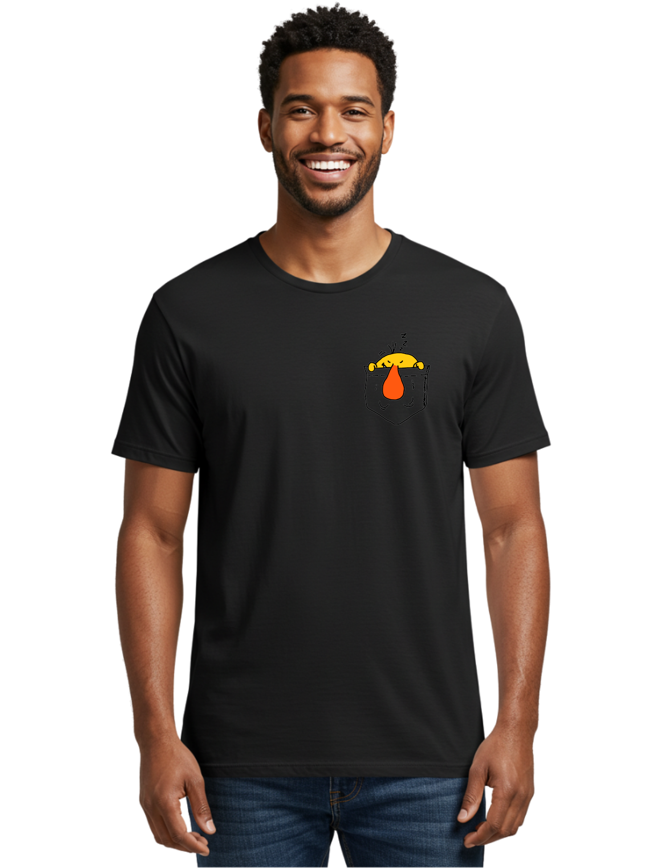 Pocket-Chicken Men'S Graphic Tee, 100% Cotton, Comfortable Casual Summer Wear, Machine Washable, Cartoon Chicken, Crying Face, Pocket Illustration, Orange Teardrop, Emotional Expression, Simple Doodle, Quirky Design, Funny Character -  Aaa114