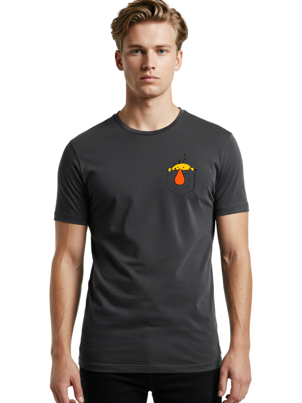 Pocket-Chicken Men'S Graphic Tee, 100% Cotton, Comfortable Casual Summer Wear, Machine Washable, Cartoon Chicken, Crying Face, Pocket Illustration, Orange Teardrop, Emotional Expression, Simple Doodle, Quirky Design, Funny Character -  Aaa114