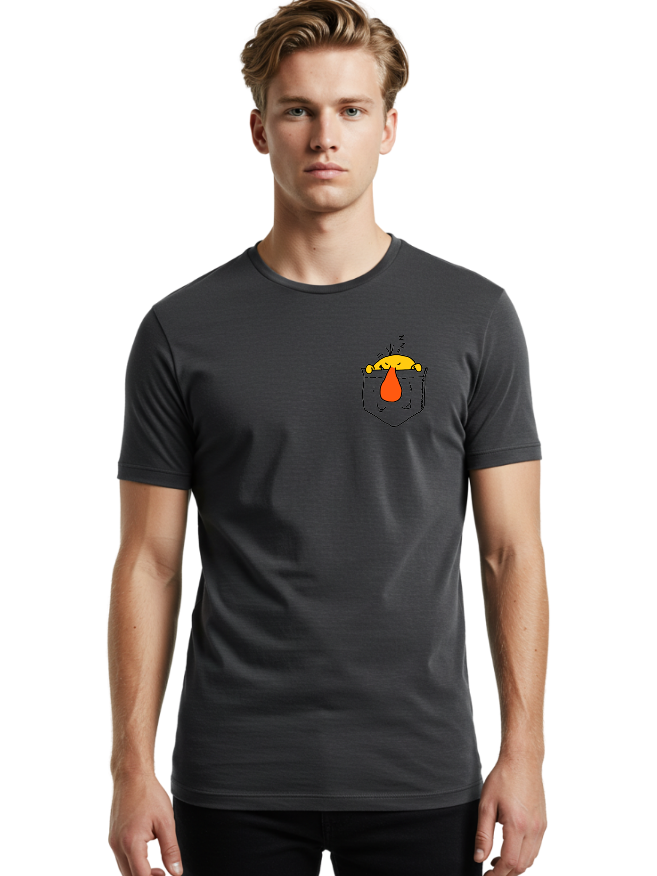 Pocket-Chicken Men'S Graphic Tee, 100% Cotton, Comfortable Casual Summer Wear, Machine Washable, Cartoon Chicken, Crying Face, Pocket Illustration, Orange Teardrop, Emotional Expression, Simple Doodle, Quirky Design, Funny Character -  Aaa114