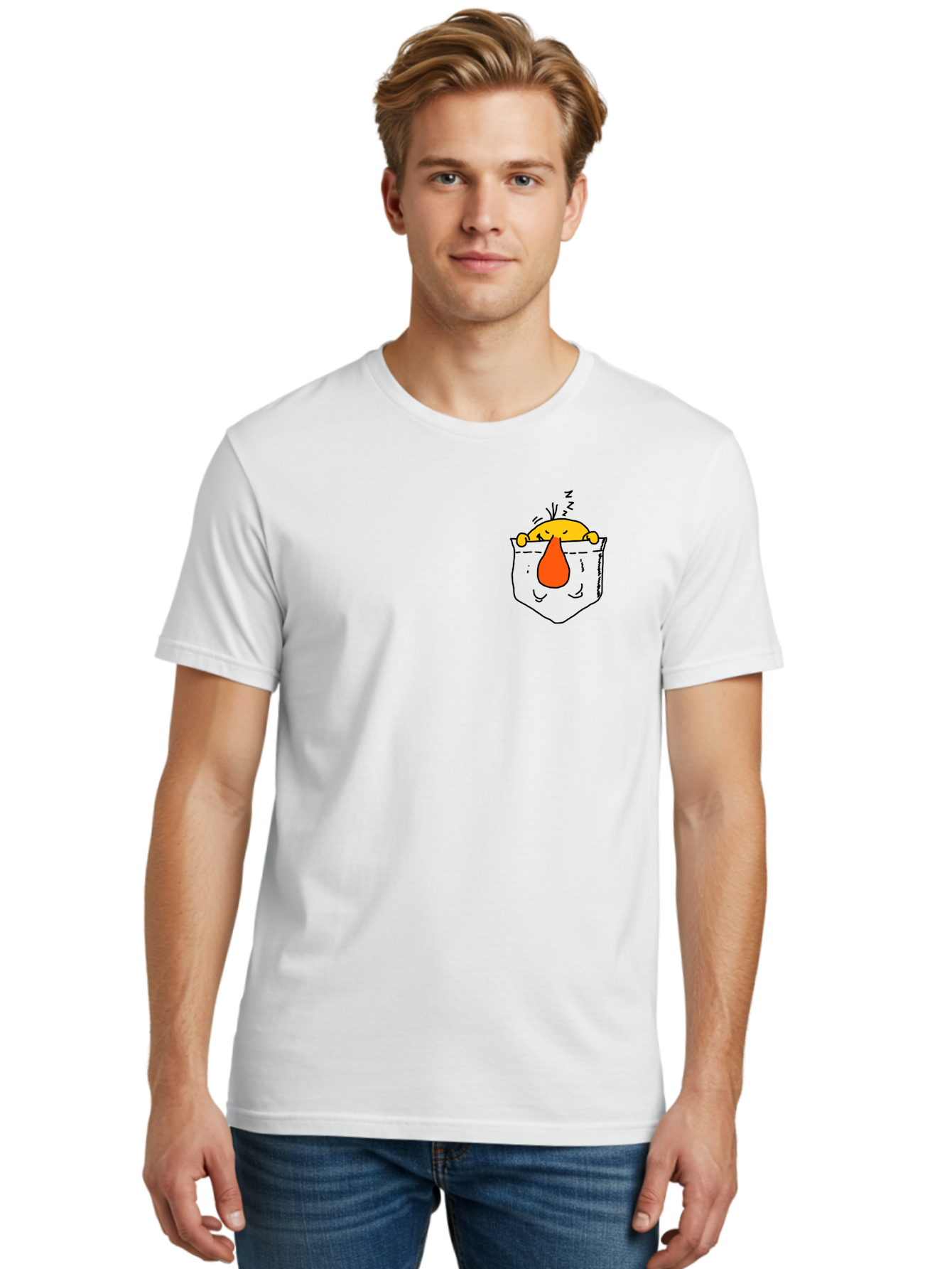 Pocket-Chicken Men'S Graphic Tee, 100% Cotton, Comfortable Casual Summer Wear, Machine Washable, Cartoon Chicken, Crying Face, Pocket Illustration, Orange Teardrop, Emotional Expression, Simple Doodle, Quirky Design, Funny Character -  Aaa114