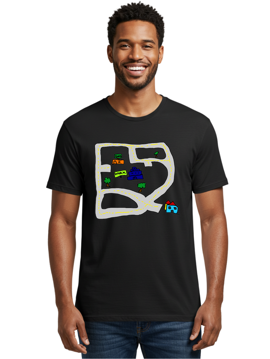 Road-Map Men'S Graphic Tee, 100% Cotton, Comfortable Casual Summer Wear, Machine Washable, Road To Work, Home Sweet Home, Daily Commute, Office Building, Daily Routine, Morning Journey -  Aaa116