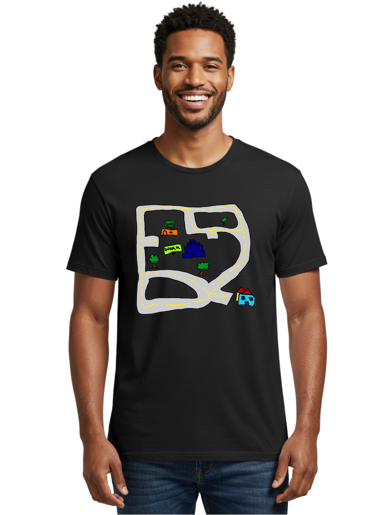 Road-Map Men'S Graphic Tee, 100% Cotton, Comfortable Casual Summer Wear, Machine Washable, Road To Work, Home Sweet Home, Daily Commute, Office Building, Daily Routine, Morning Journey -  Aaa116